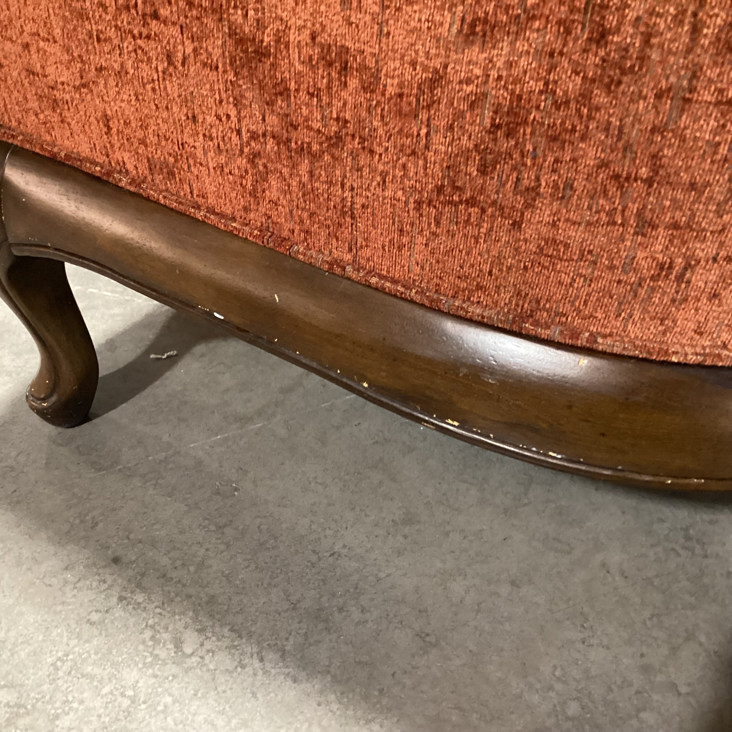 Vintage Carved Wood & Ornate Brown Burnt Orange Gold Upholstery with Raised Velvet Back Chair 29"x 31"x 38.5"