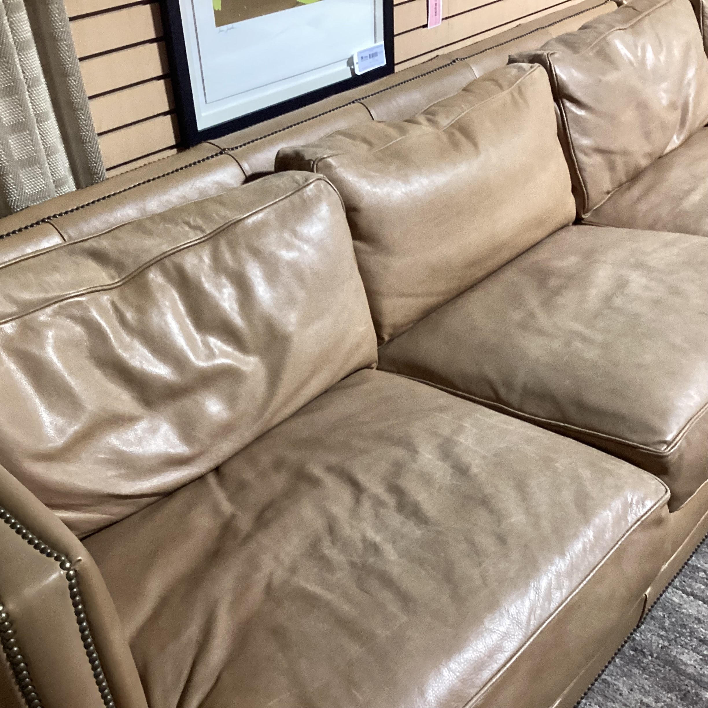 Restoration Hardware Tan Leather Nailhead Down Mix 2 Piece Sectional 145"x 112"x 44"x 31"