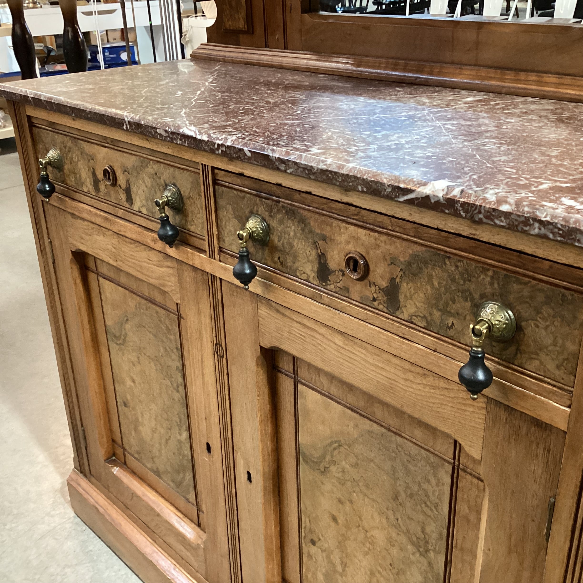 Antique Eastlake Style Carved Wood & Burl Veneer Marble Top with Mirror & Shelves 2 Piece Sideboard 46"x 19"x 85"