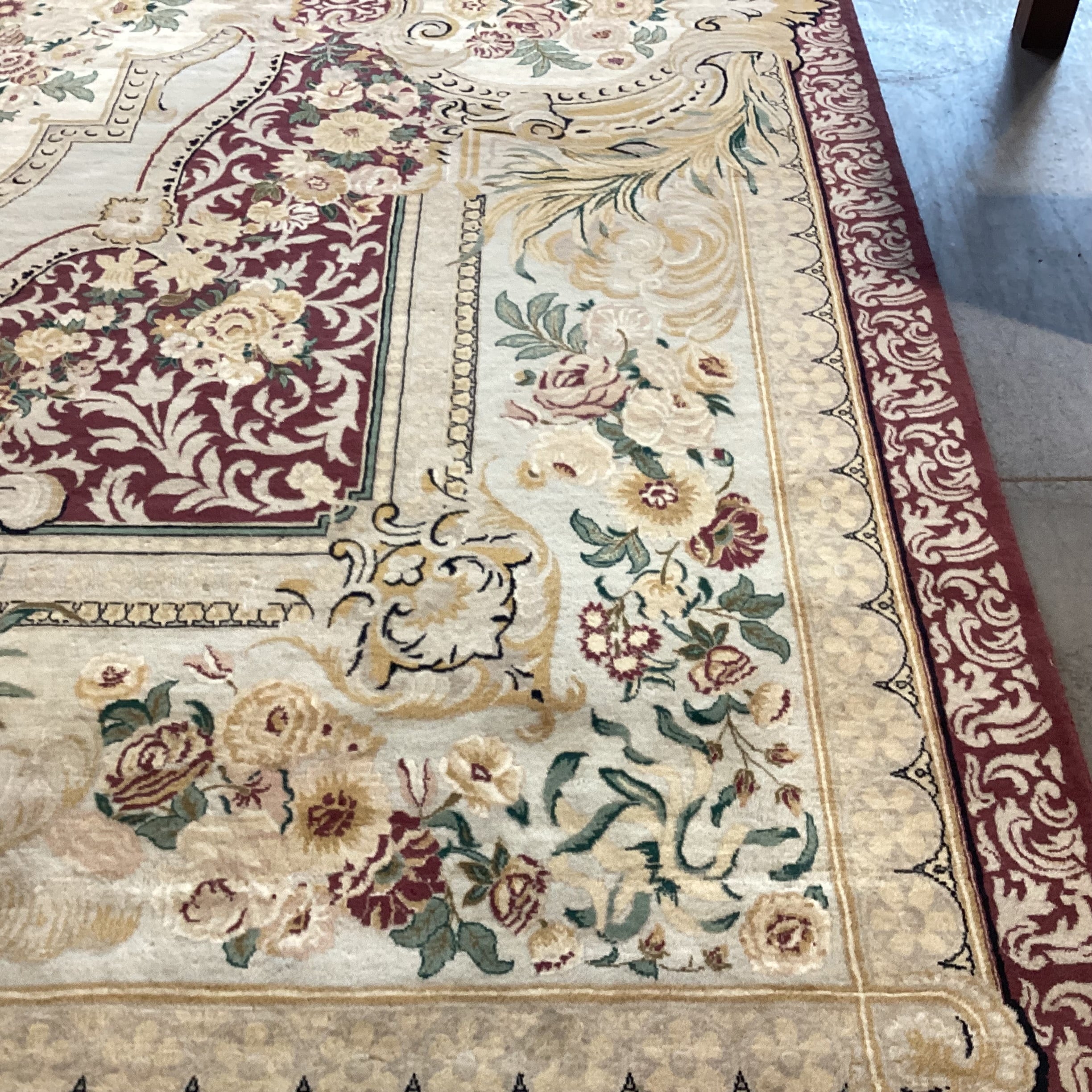 Cream Gold Burgundy & Green Floral Woven Wool Rug 10' x 14'