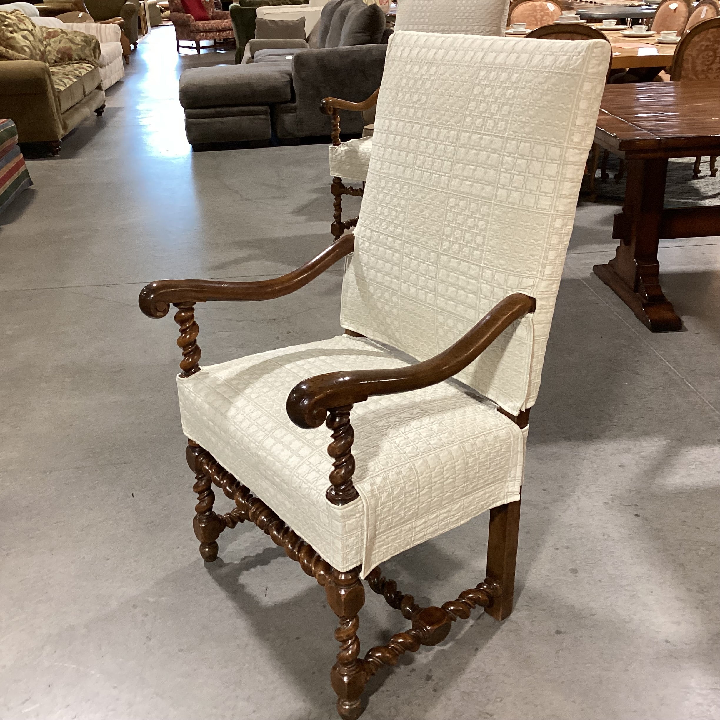 Ornate Carved Wood with Ivory Quilted Slipcover Leather Underneath Chair 26"x 26"x 46"