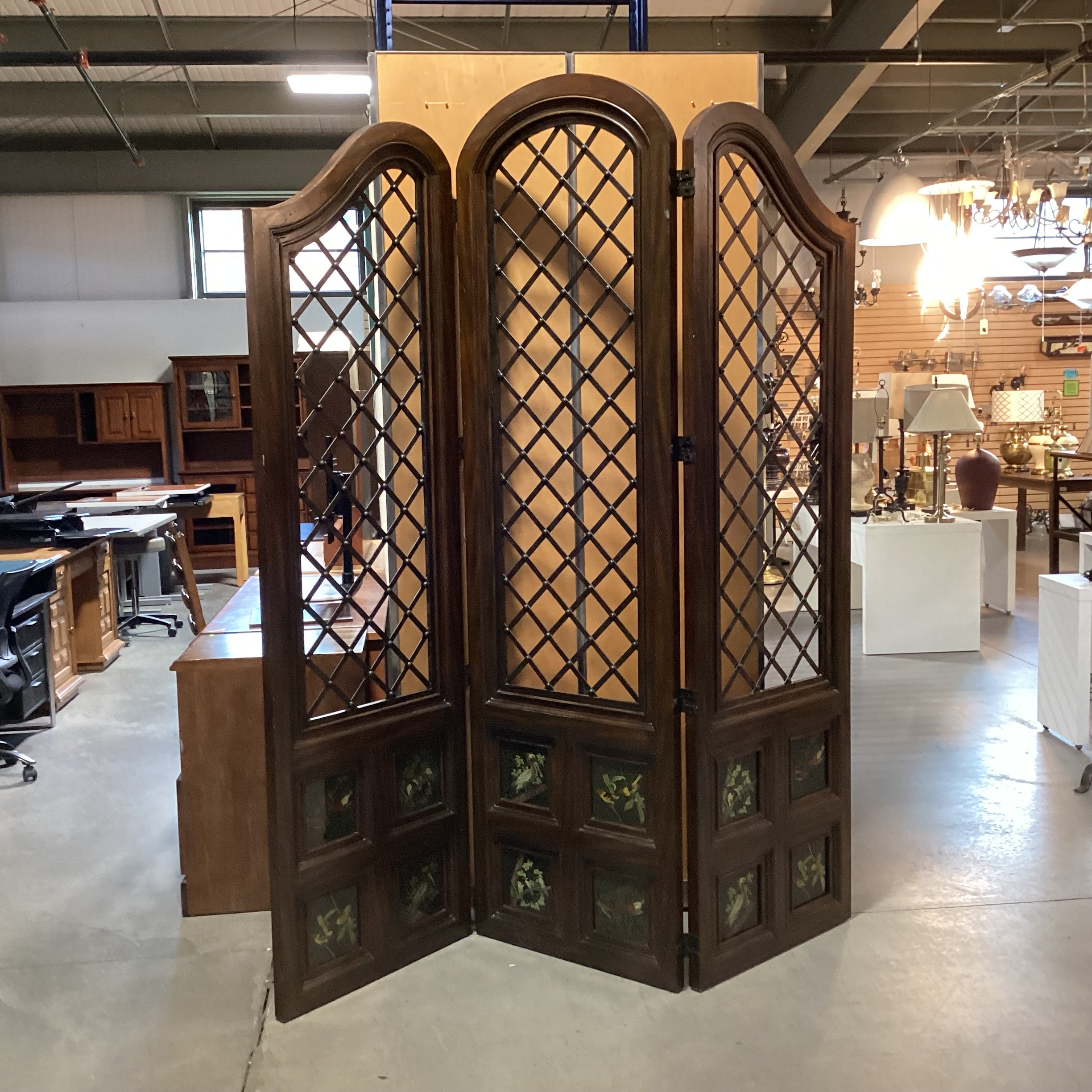 Maitland Smith Carved Wood Metal Lattice & Bird Painted Glass Panes 3 Panel Room Divider 26"x 91.5" Per Panel