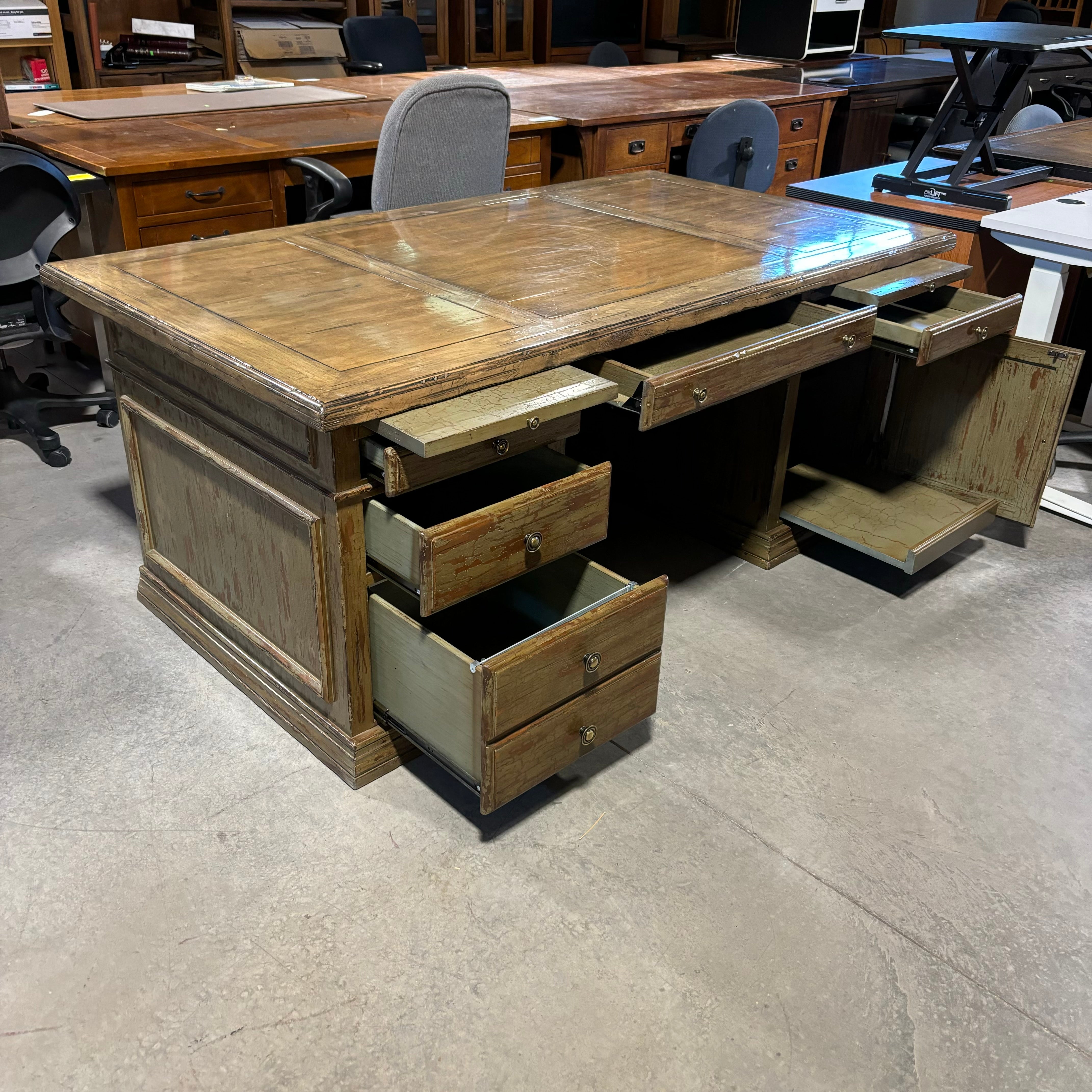 Antique Distressed Moss Finish 5 Drawer 1 Door with Dual Surface Pullouts Desk 74"x 41"x 30.5"