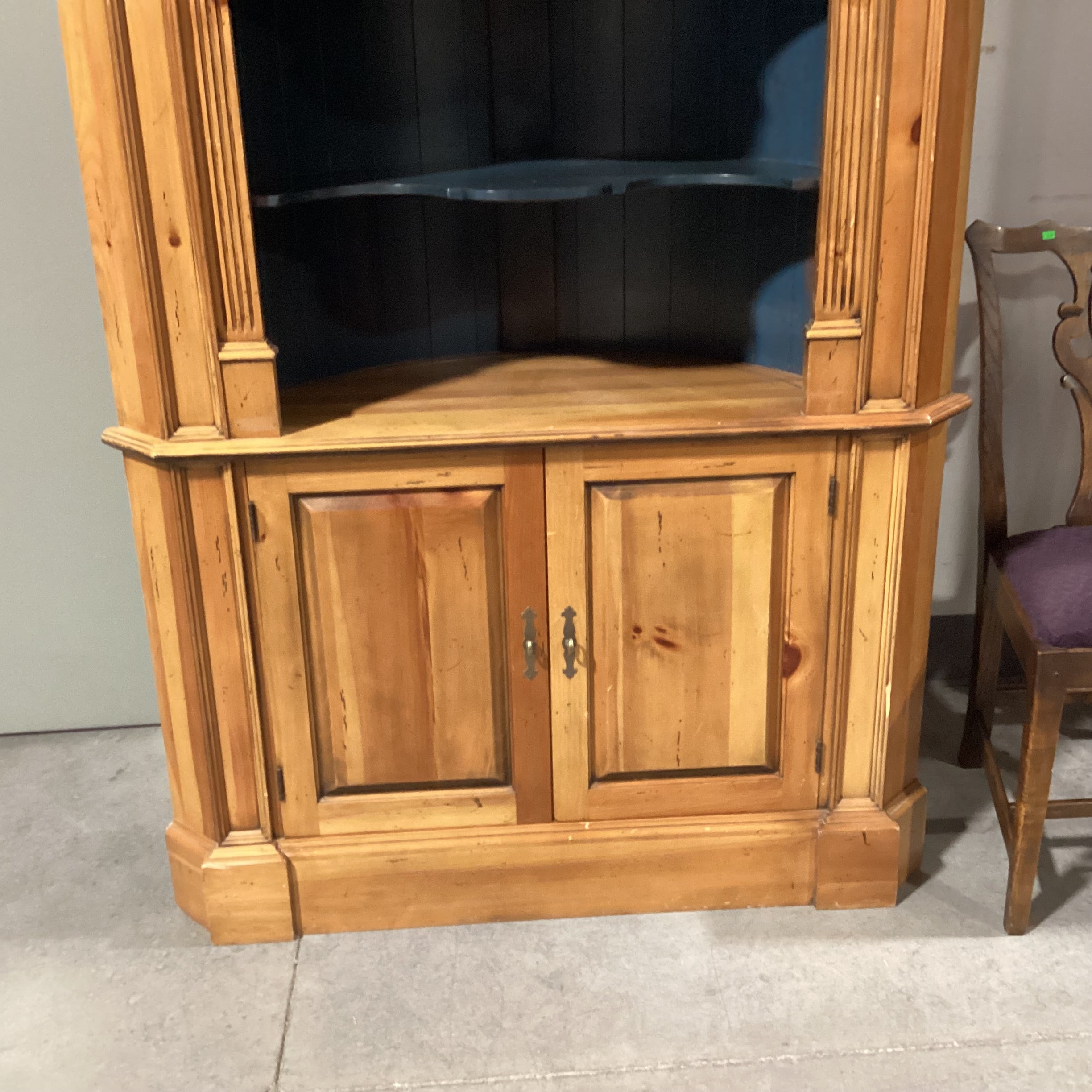 2 Tone Distressed Natural & Teal with Carved Arch Shelves 2 Door Corner Display Armoire 48"x 30"x 88"