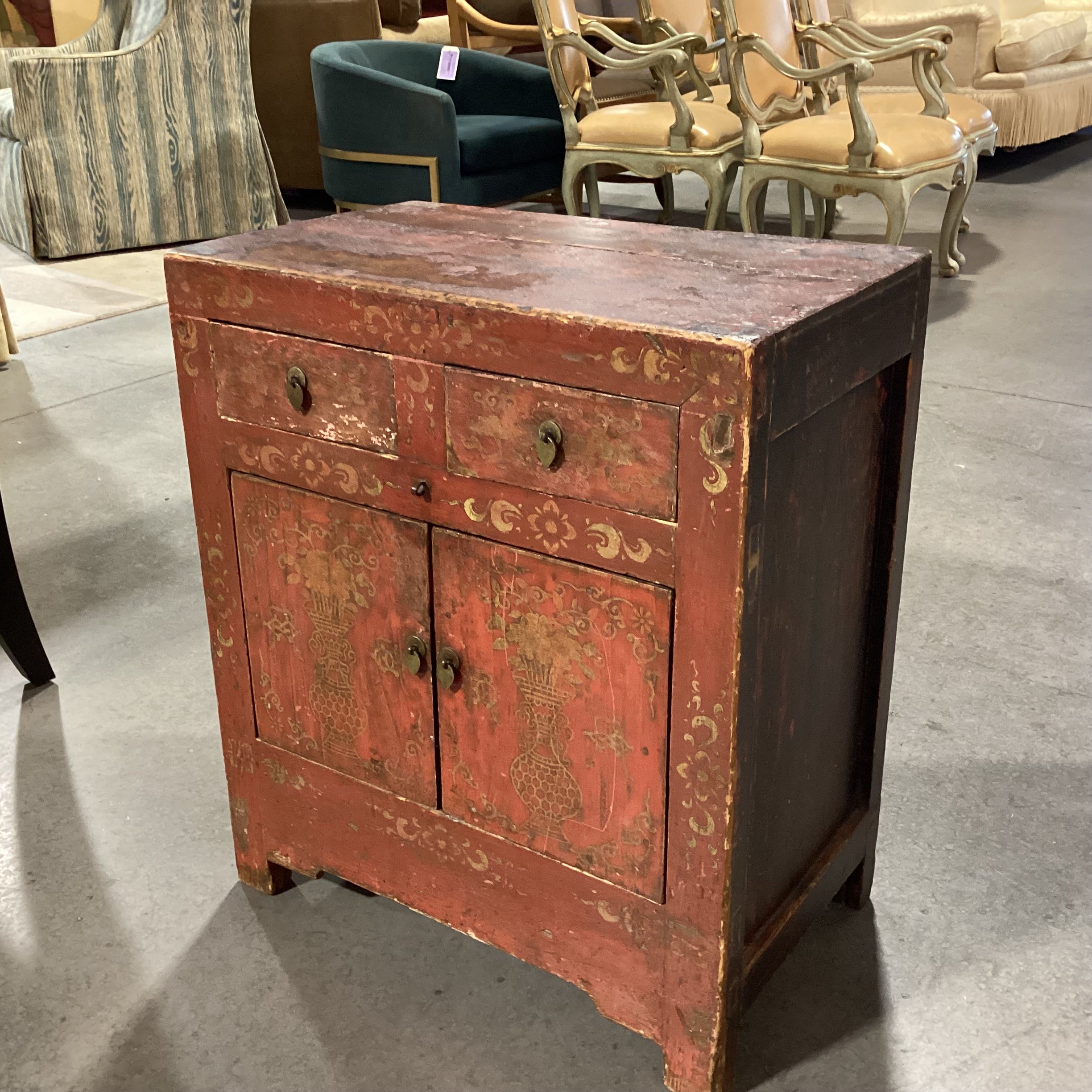 Vintage Antique Asian Carved Wood Red & Gold Painted 2 Drawer 2 Door Cabinet End Table 22"x 13.5"x 26"