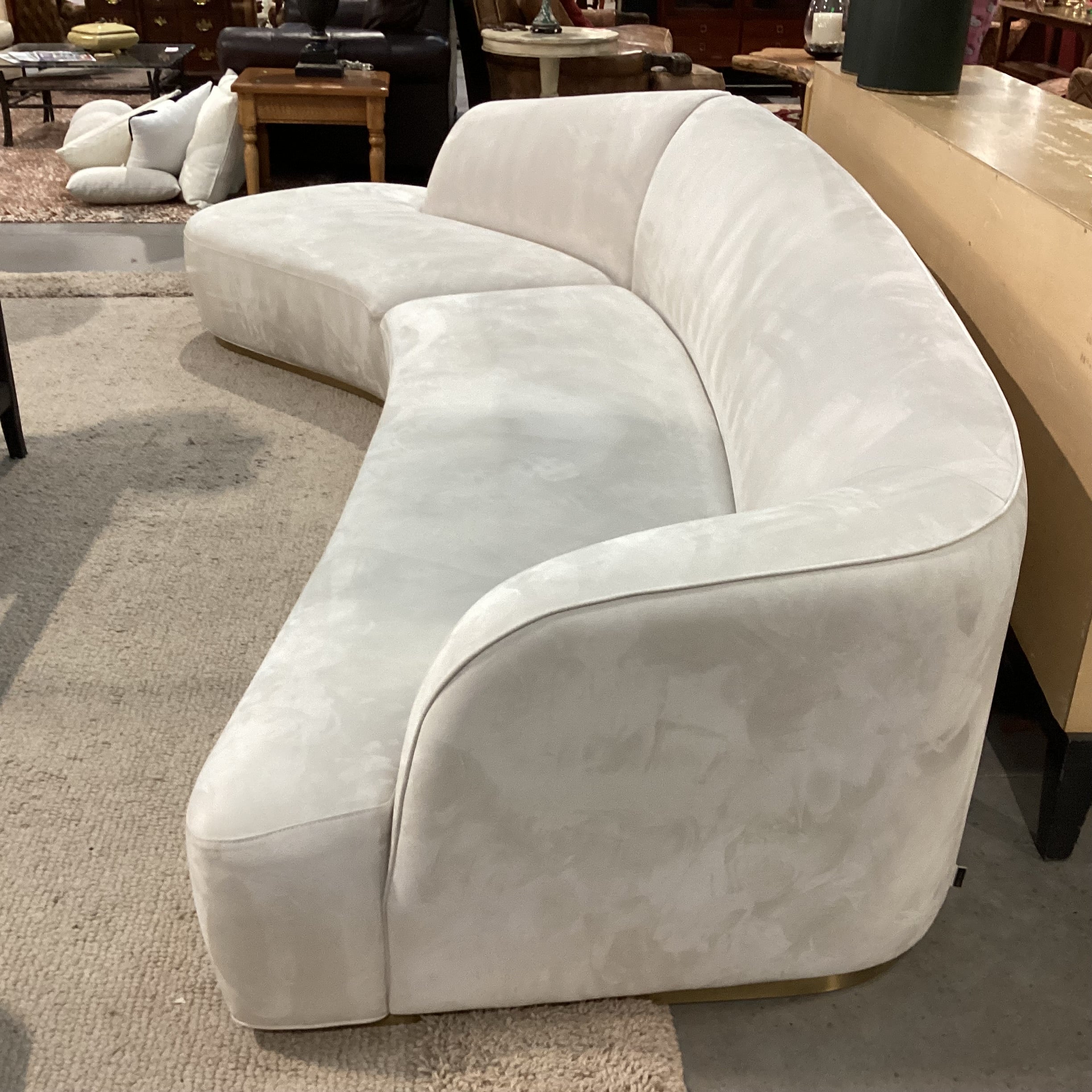 Rove Concepts Reya Dove Grey with Brass Finish Base Curved 2 Piece Sectional 134"x 66"x 36"x 32"