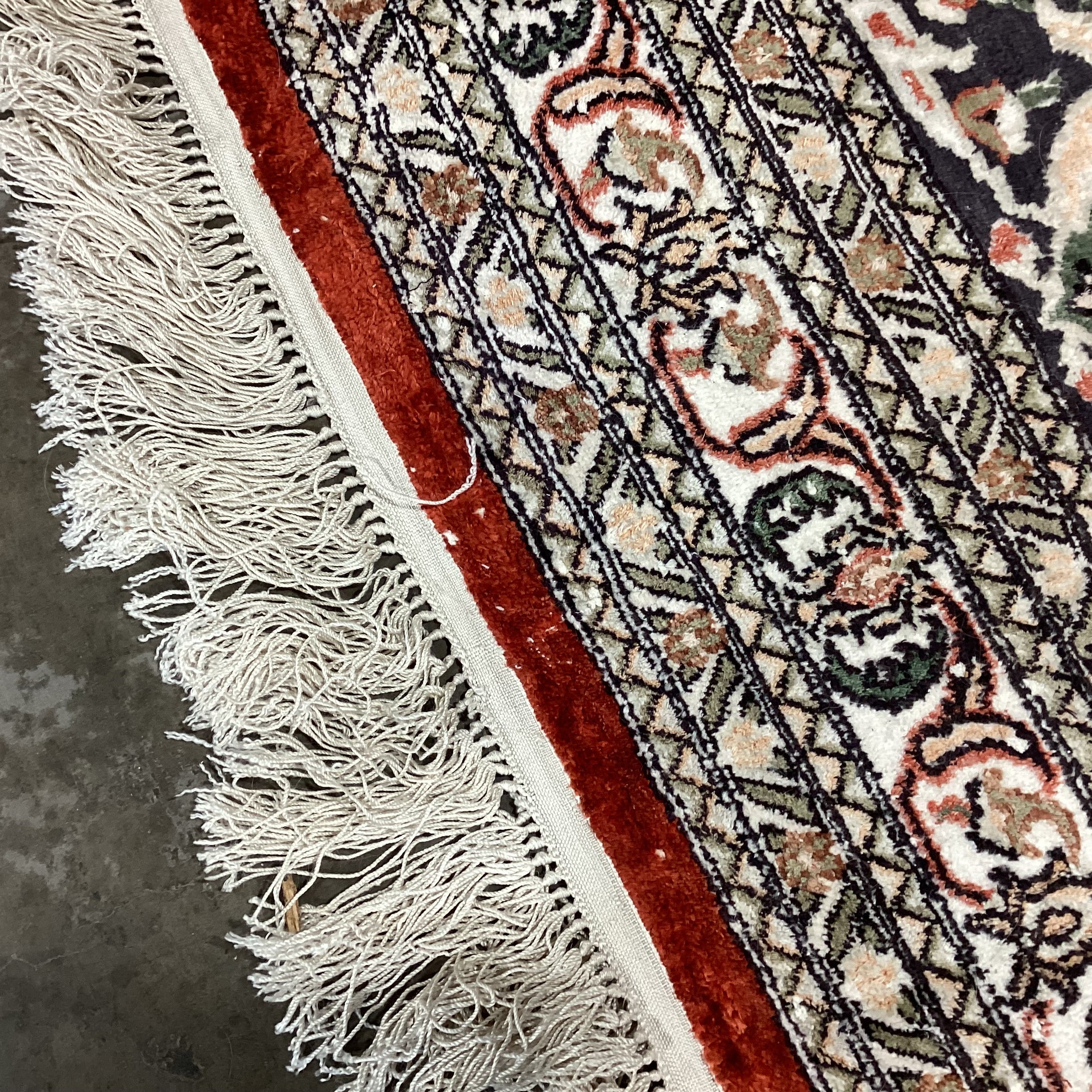 Ivory Rust Coral Blue Green Hand Woven Silk Rug 9'10"x 15.5"