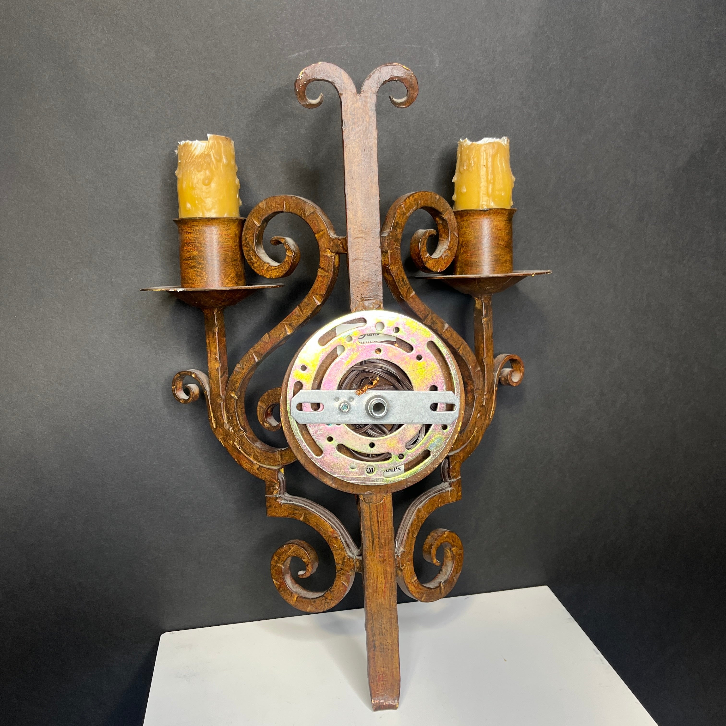 Gothic Revival 2-Light Rust Patina Metal Scroll Candlestick Wall Sconce 11”x 15.5”x 5.5”