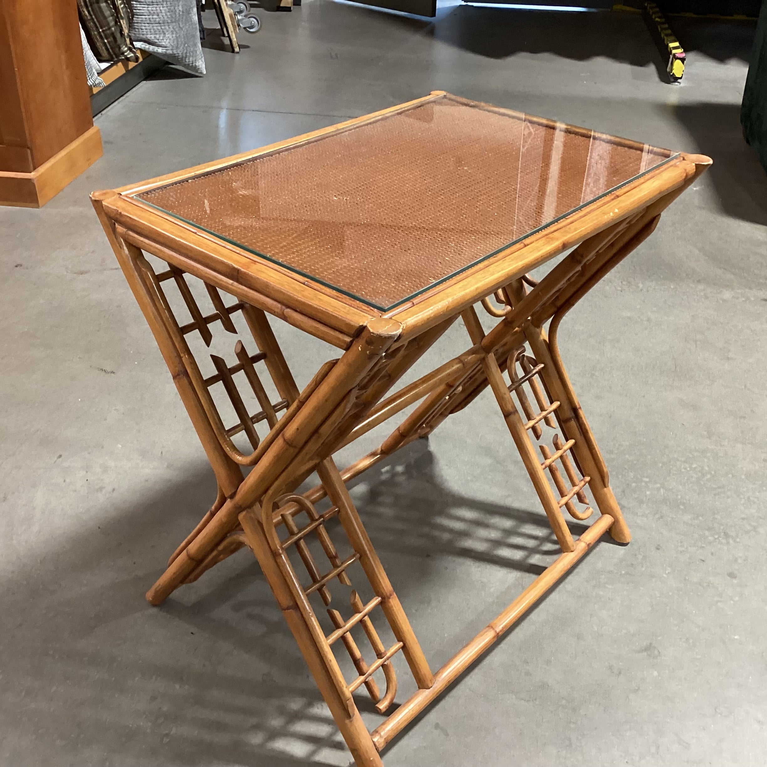 Vintage Bamboo & Rattan with Glass Top Accent Table 27"x 19"x 27"