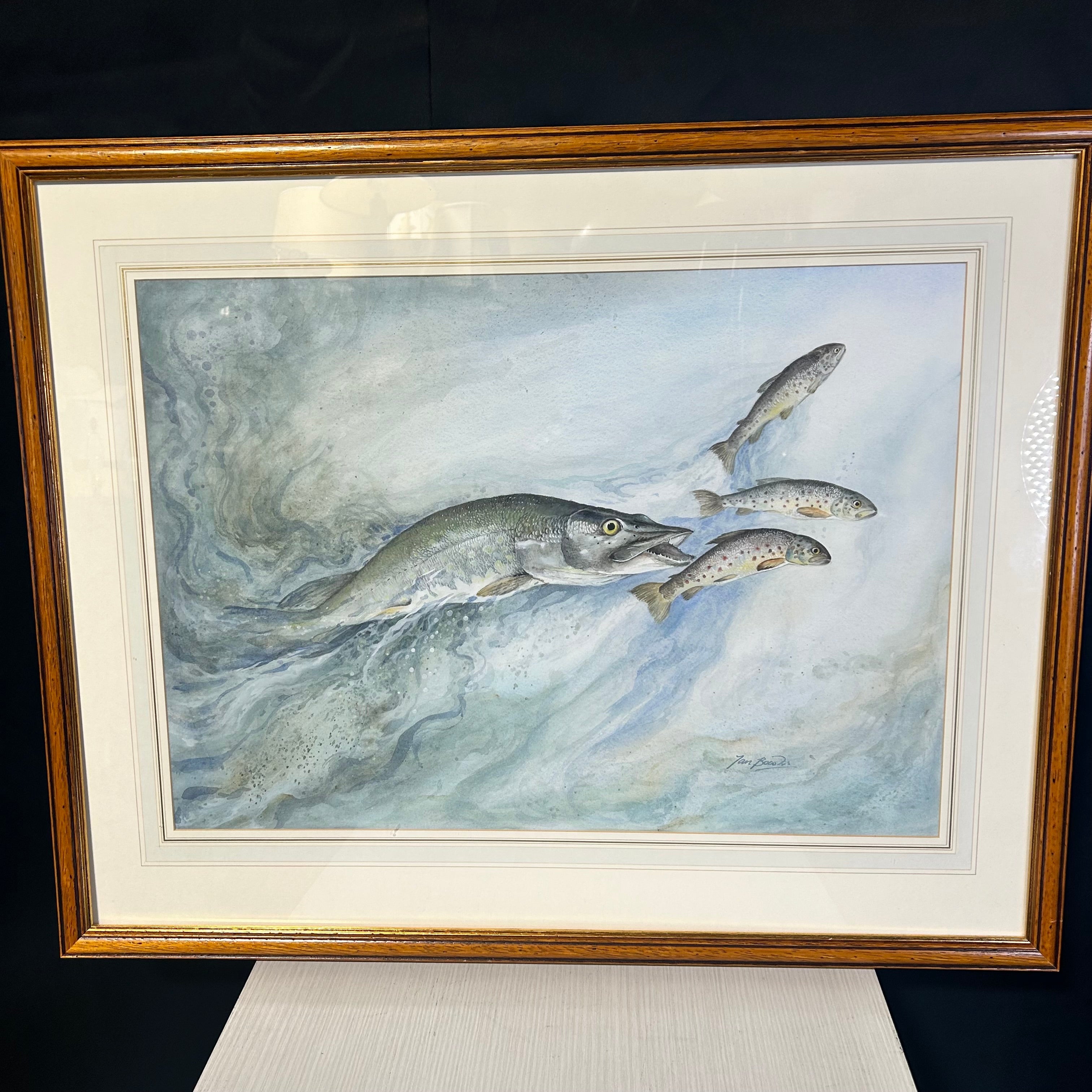 Ian Bowles Wildlife Artist Watercolr Signed Painting  Pike Chasing Trout 32"x26"