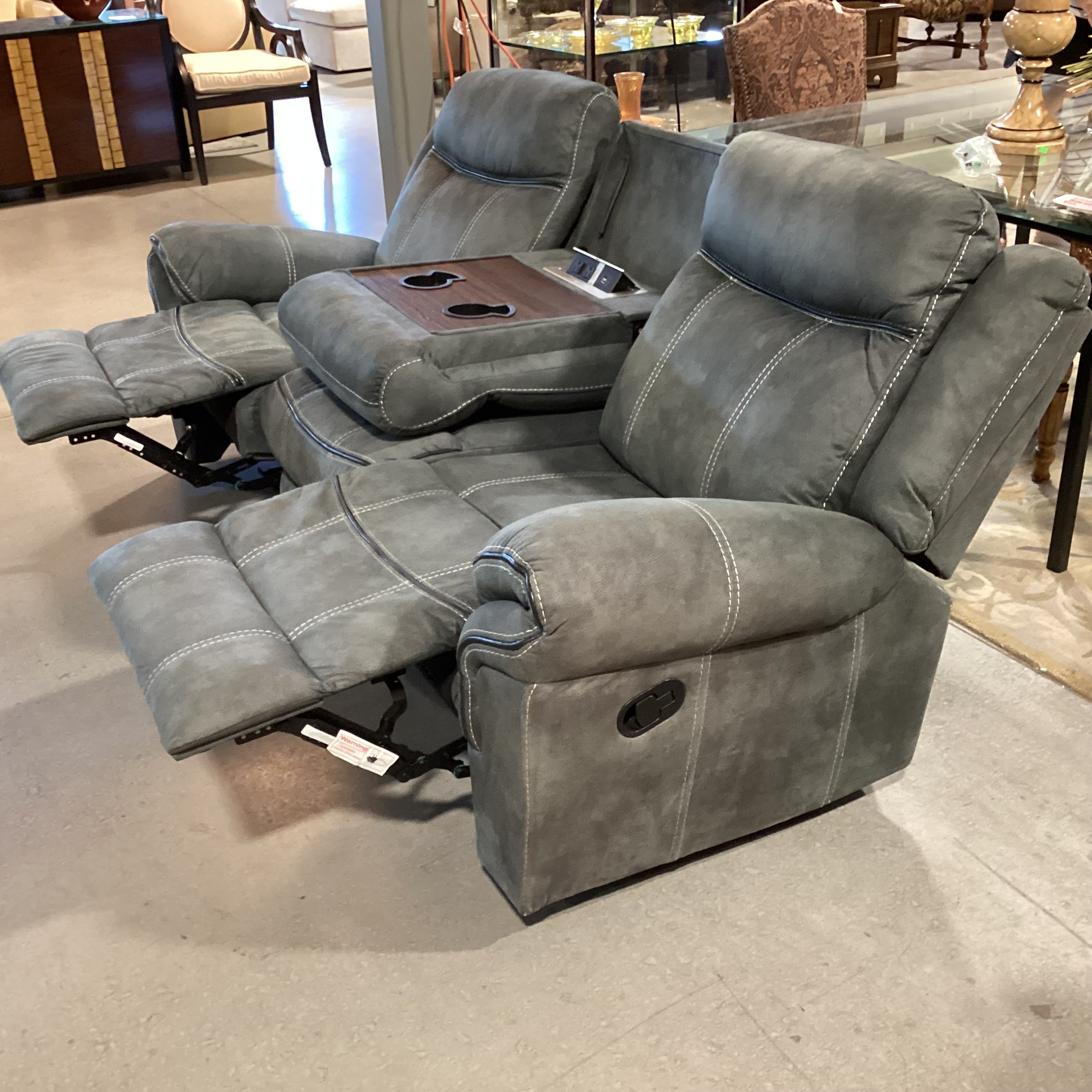 Textured Slate Grey Ultra Suede with Piping & Stitching Accent Double Recliner with Outlet Console Sofa 89"x 39" to 55"x 41"