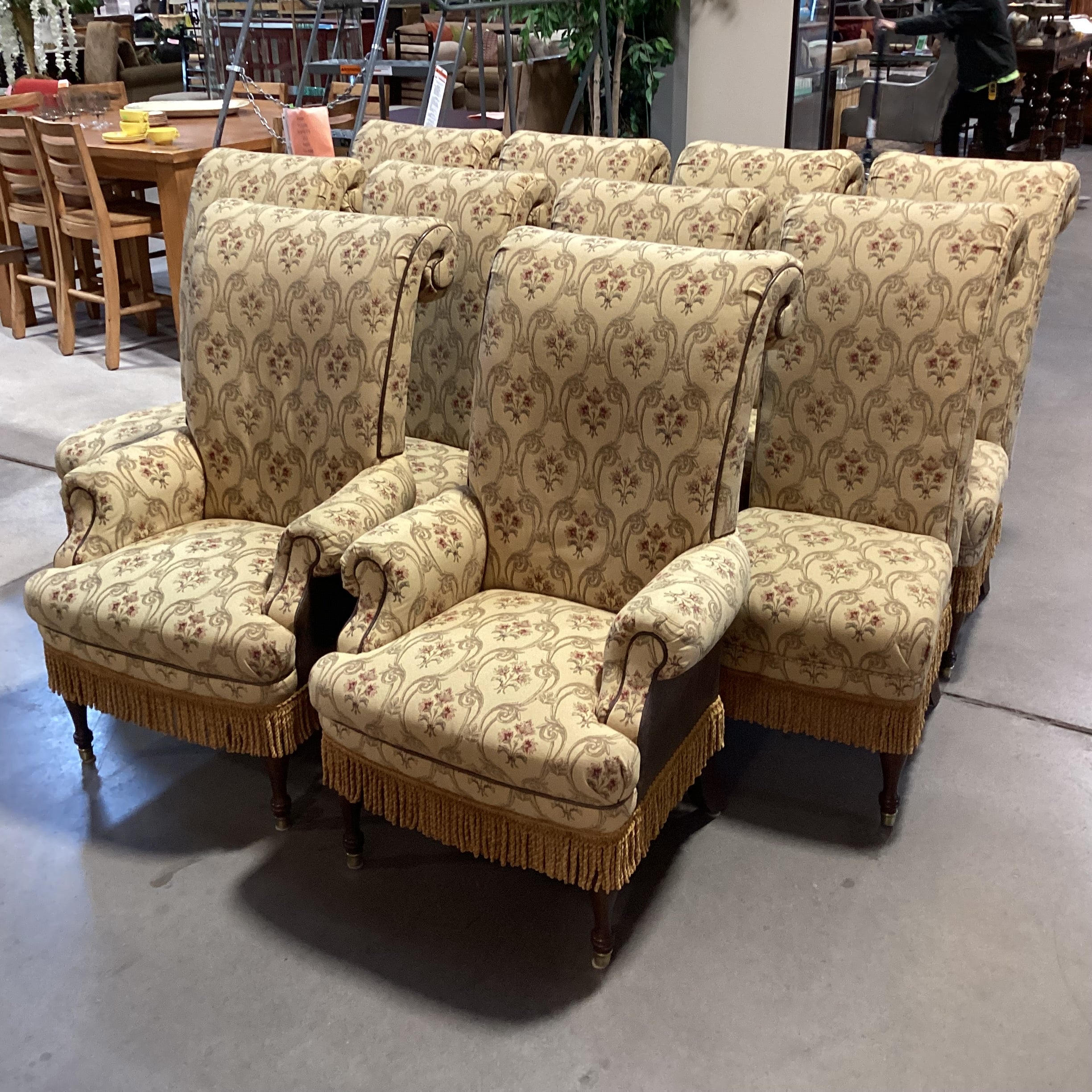 SET of 10 Custom Gold with Ornate Red Floral Leather & Fringe Roll Arm Back Dining Chairs 23"x 30"x 46"