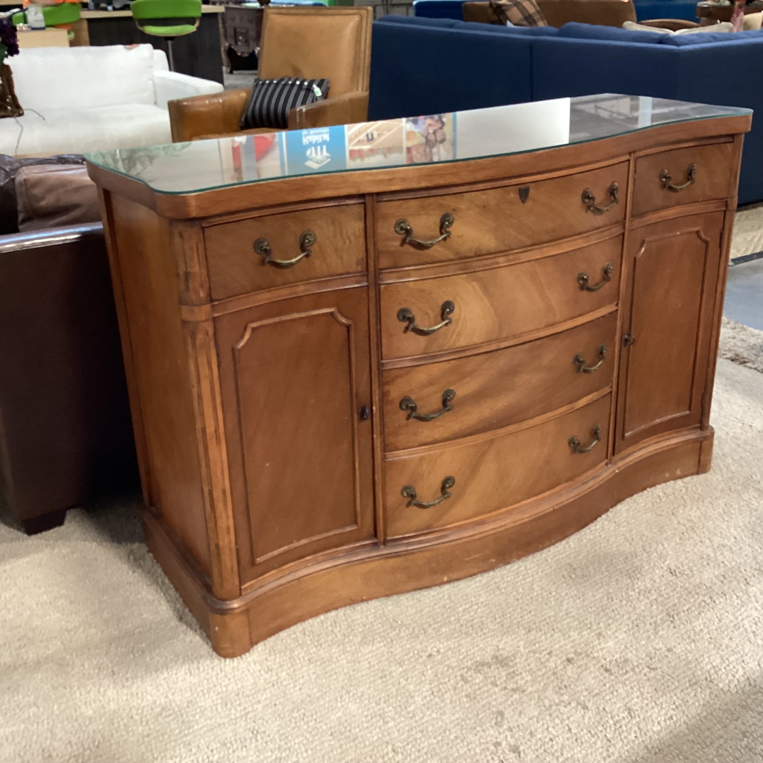Antique Carved Wood with Molding Detail & Glass Top 2 Door 6 Drawer Sideboard 54"x 21"x 36"