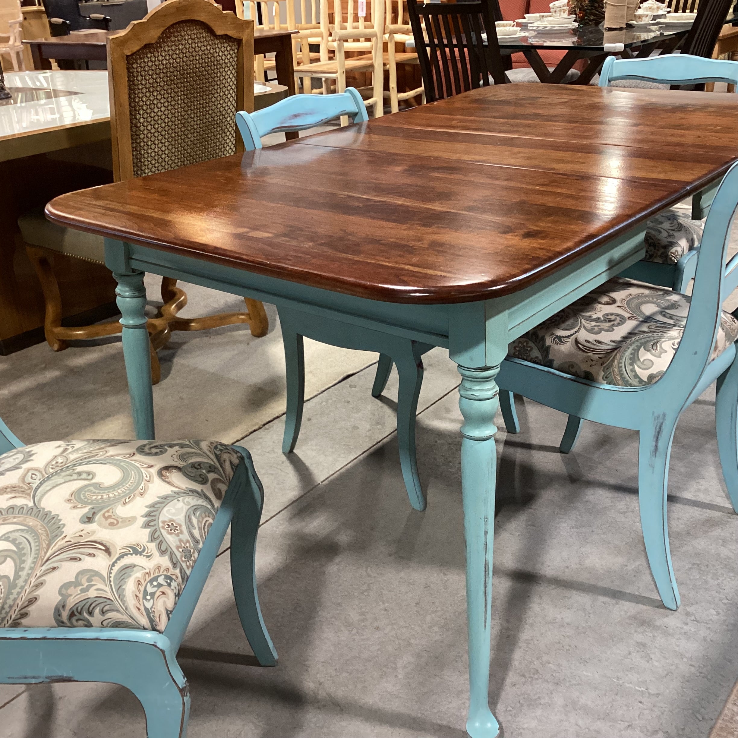 Antique Refinished Blue & Wood Table with 4 Chairs Dining Set 52"x 36"x 30.5"