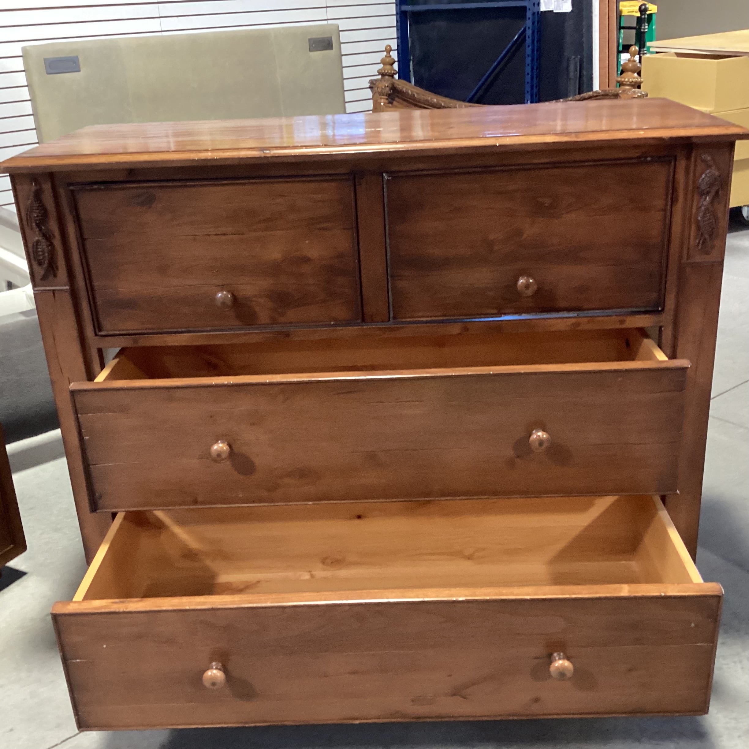 Distressed Finish Carved Pine Cone Wood 2 Drawer & Lift Top Media Dresser 34"x 20"x 43"