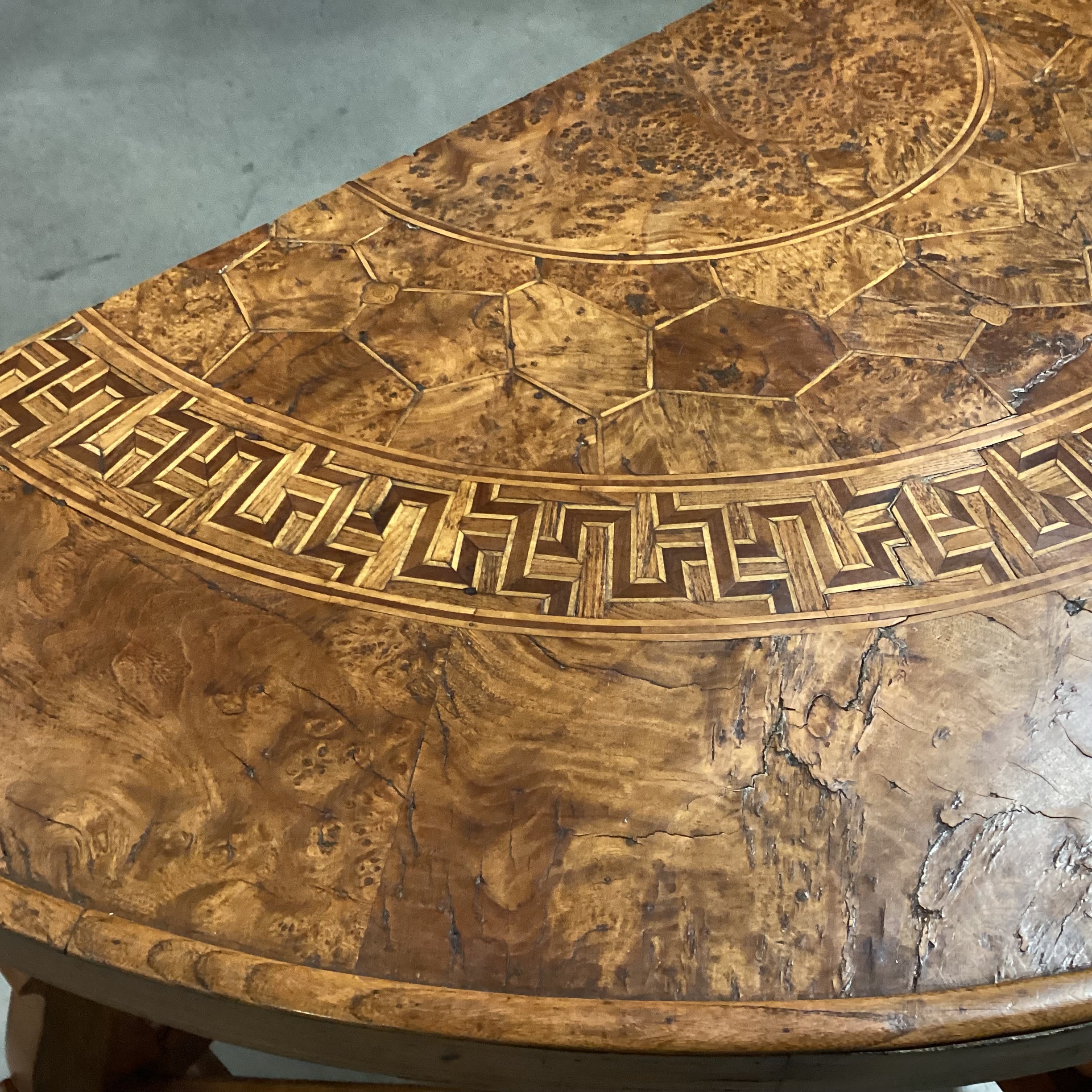 Antique Ornate Carved Wood & Inlay Demi Lune Accent Table 49"x 25"x 35"