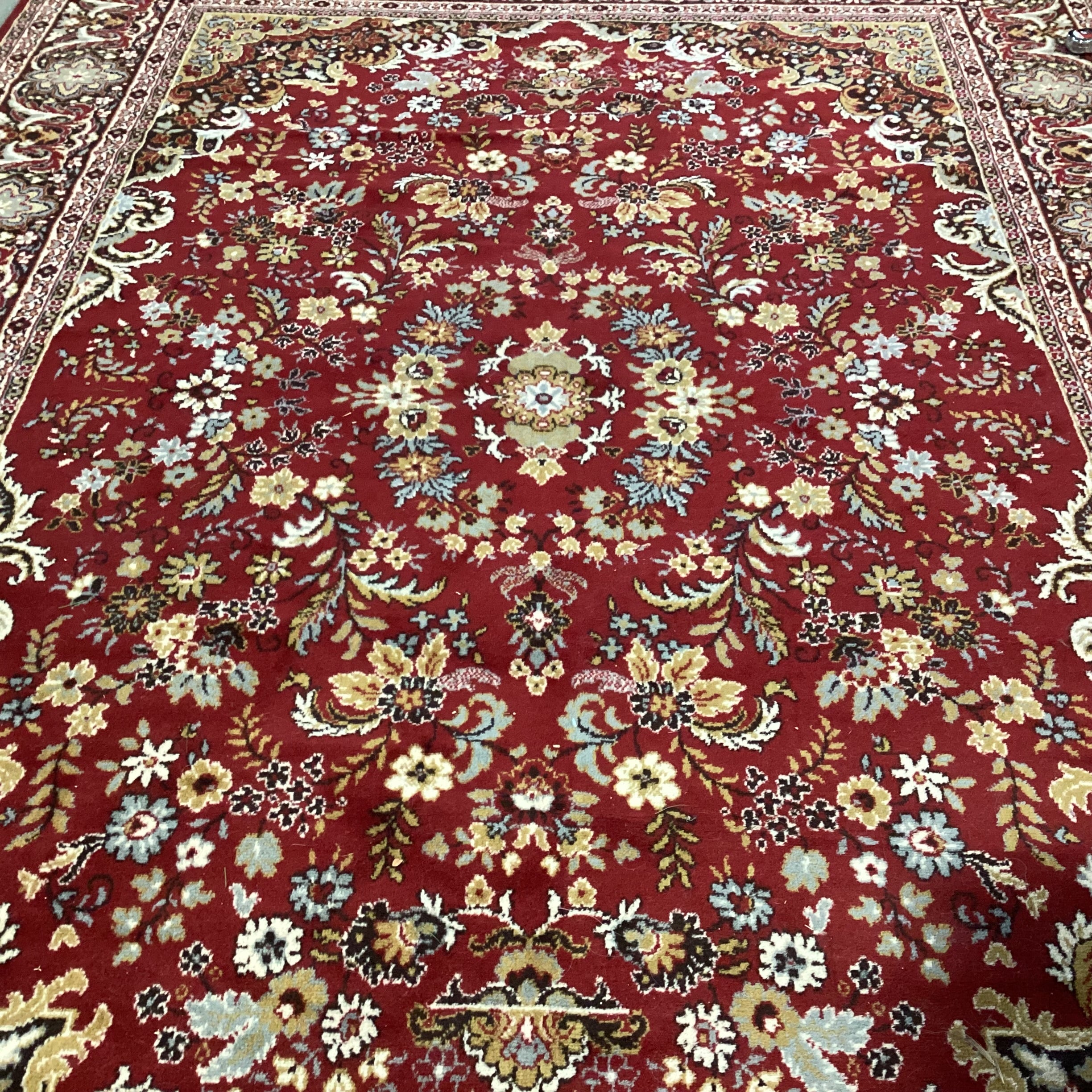 Vintage Karastan Style Red Golden Tan Brown & Blue Wool Rug 8'x 11'6"