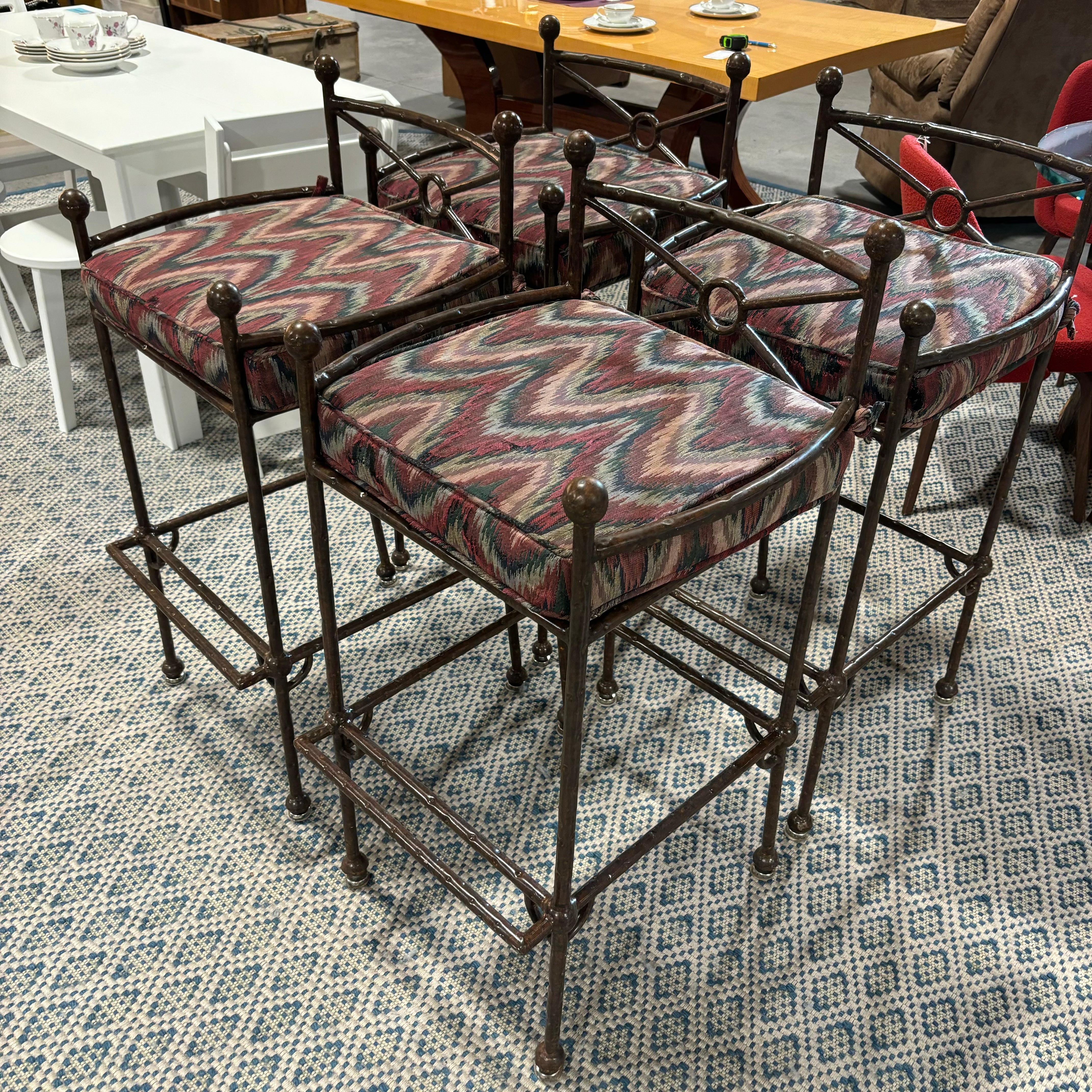 SET of 4 Rustic Metal with Multi Color Cloth Seat Barstools 33"