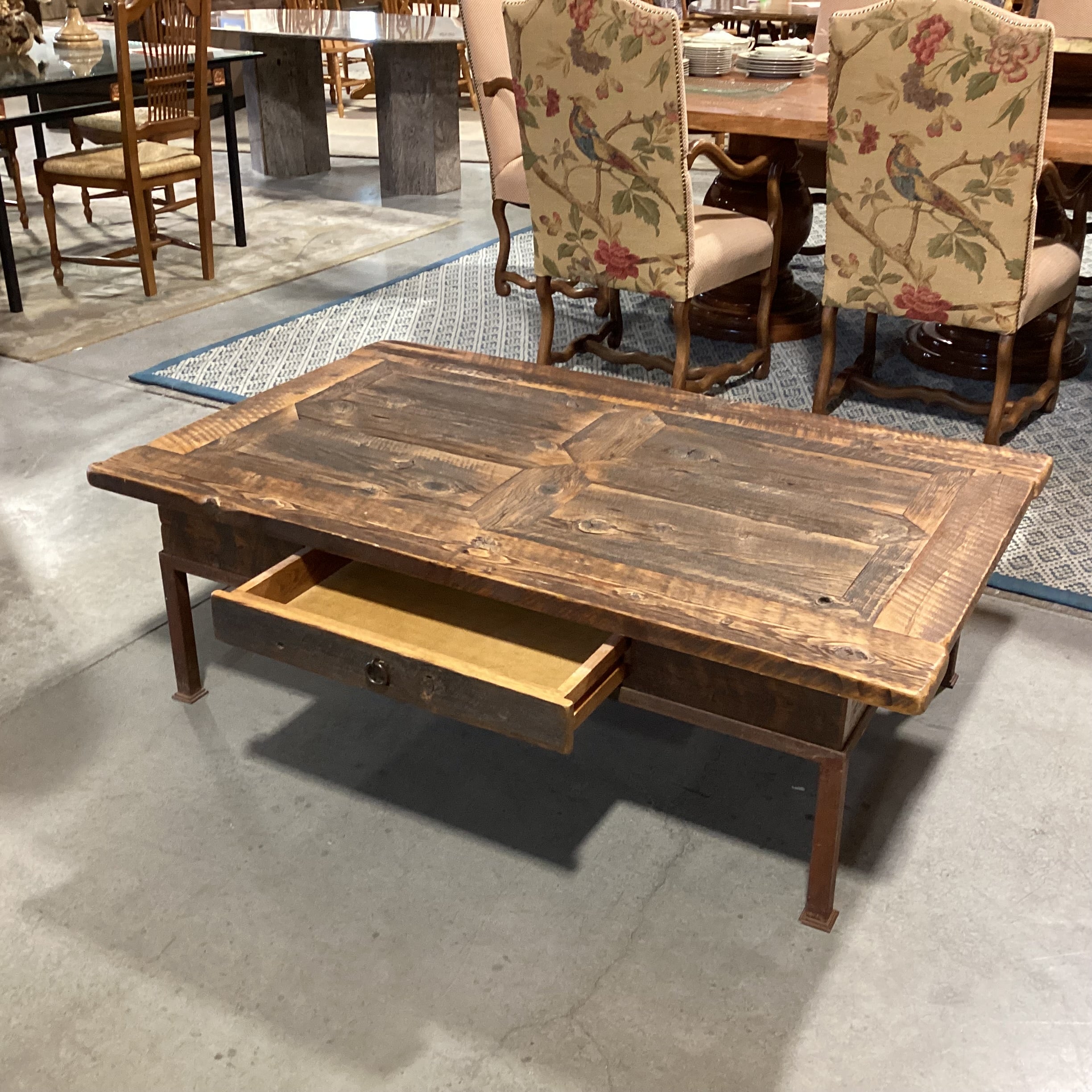 Custom Crafted Reclaimed Wood 1 Drawer with Iron Base CoffeeTable 56"x 34"x 18"