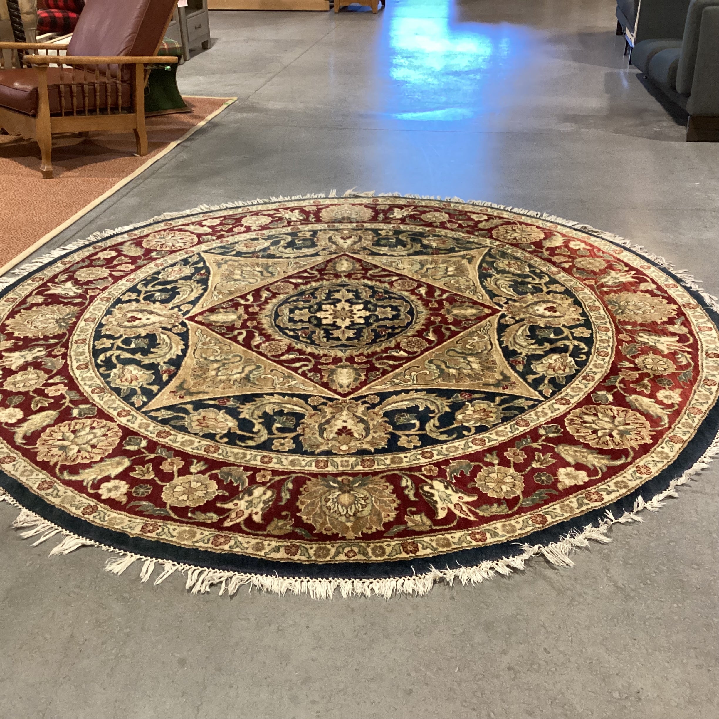 Red Blue Gold Round Hand Woven Wool Rug 8'3" Diameter