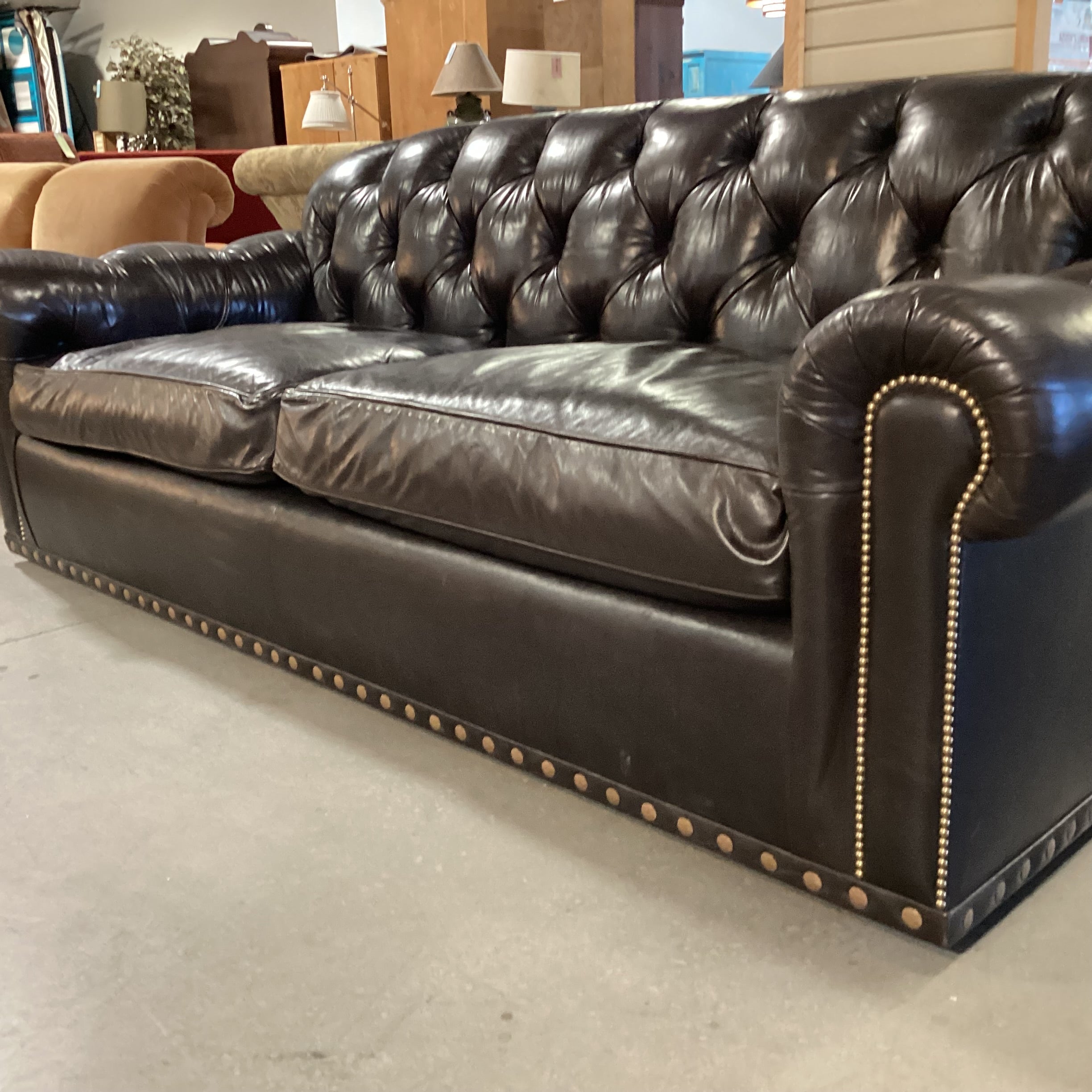 JJ Custom Dark Espresso Leather Tufted Down Mix with Nailhead Detail Sofa 98"x 40"x 36"