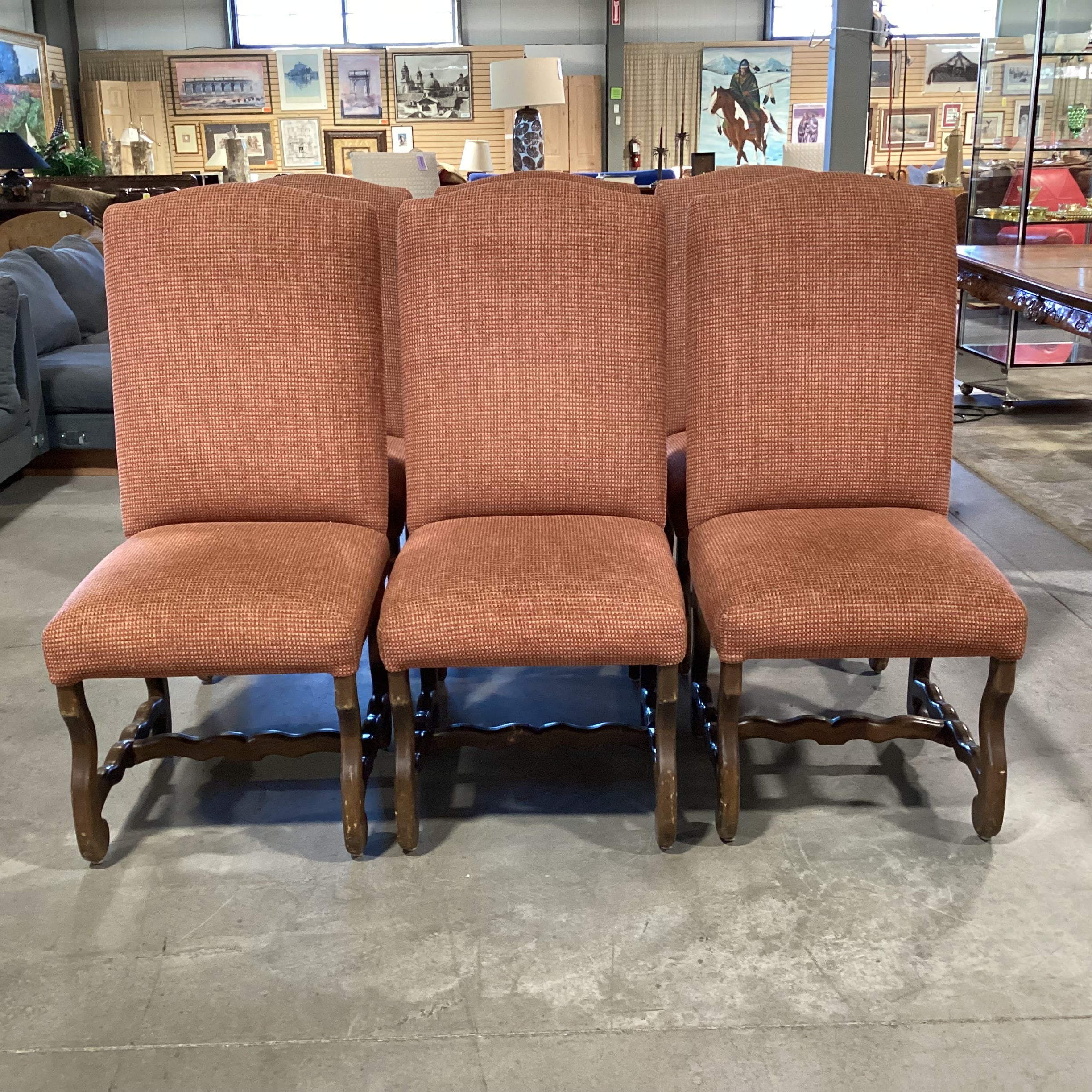 Set Of 6  Red Tan Woven Nailhead & Carved Wood Dining Chairs 21"x 26"x 46"