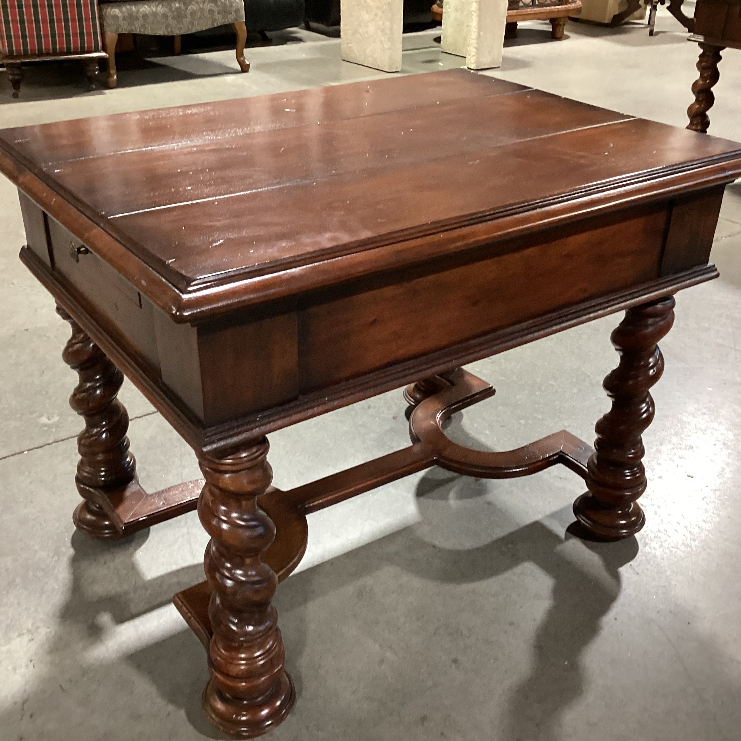 Ornate Carved Finished Solid Wood 1 Drawer Side Pullouts Trestle Base End Table 32"x 24"x 25"