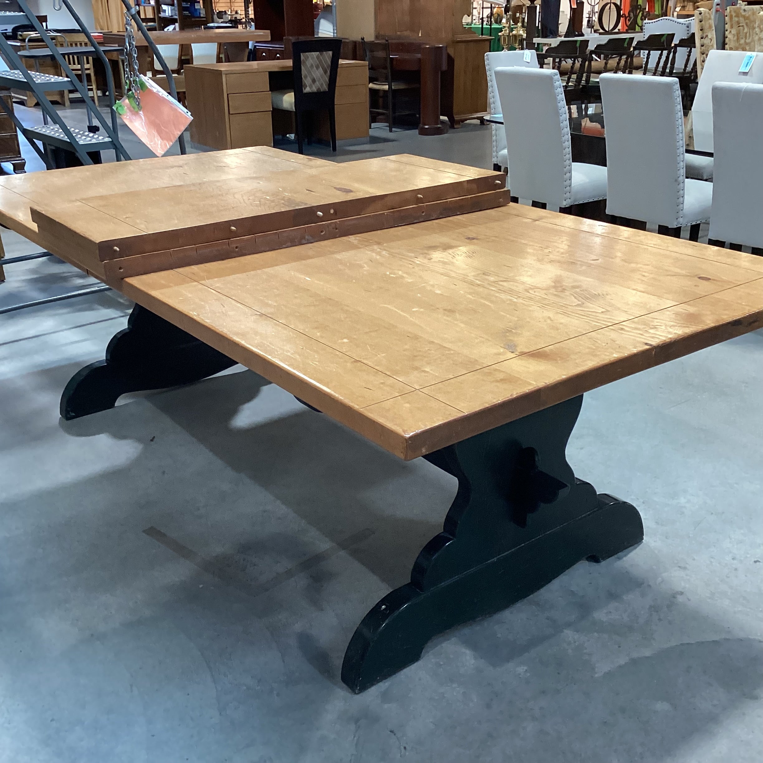 Solid Natural & Dark Green Wood Farmhouse Style with Trestle & 2 Leaves Dining Table 96" to 132"x 47.5"x 31"