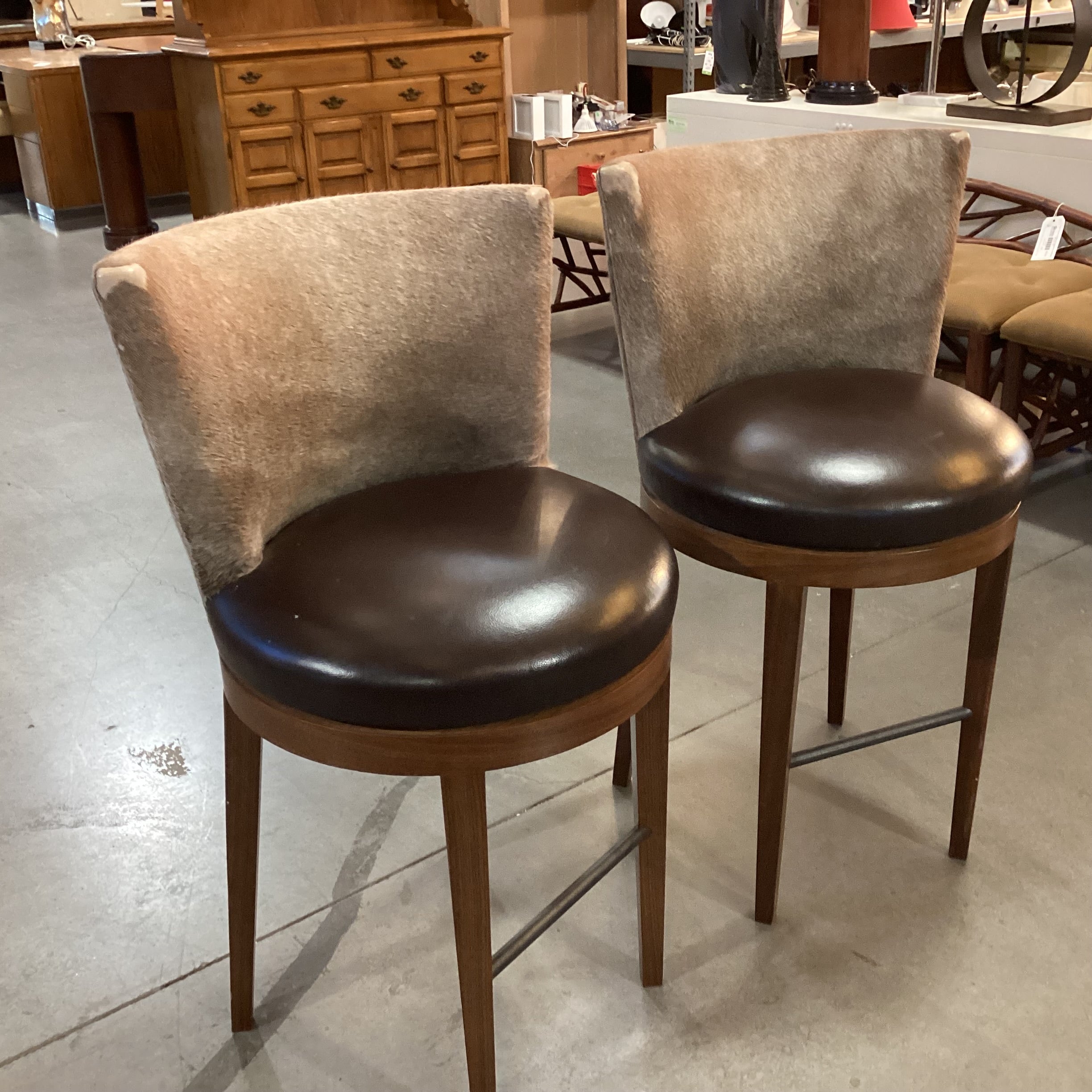 SET of 2 Carved Wood Cowhide & Leather Swivel Barstools 27"
