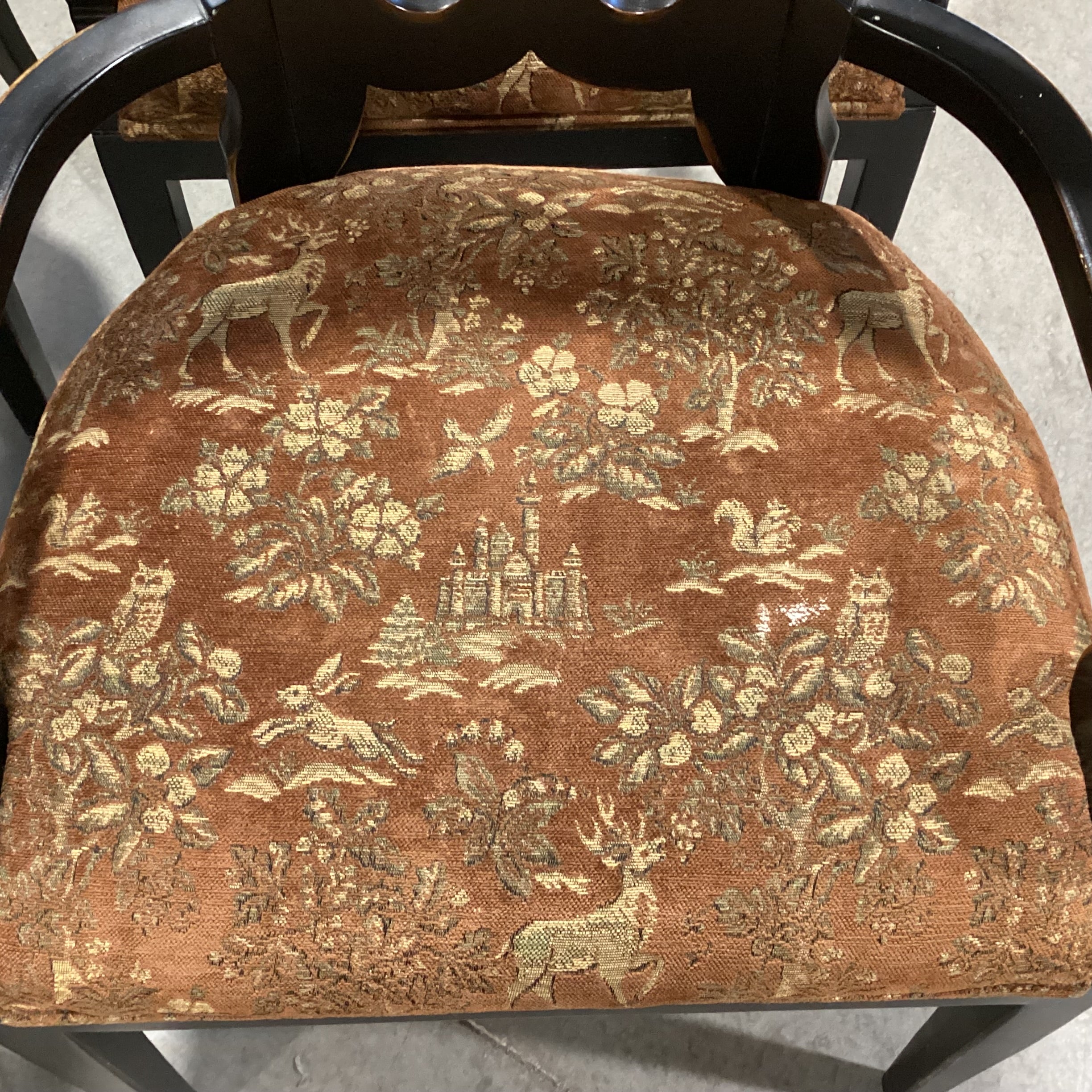 SET of 4 Vanguard Ornate Scroll Antiqued Black Wood & Brown Gold Animal Scene Upholstery Dining Chairs 23"x 23"x 40"