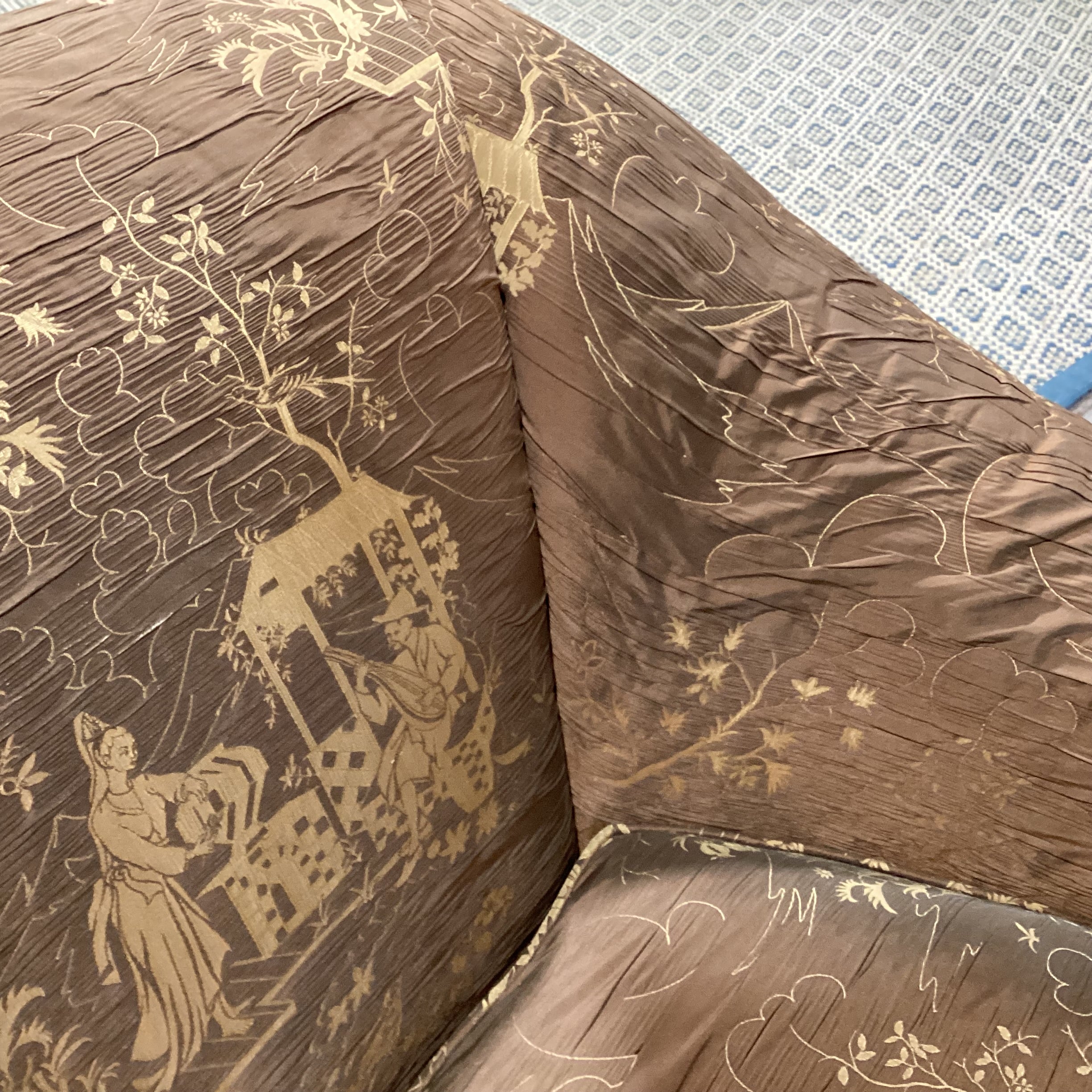 JJ Custom Brown Gold Asian Scene Silky Crinkle Upholstery Tailored Button Skirt Chair 35"x 36"x 32"