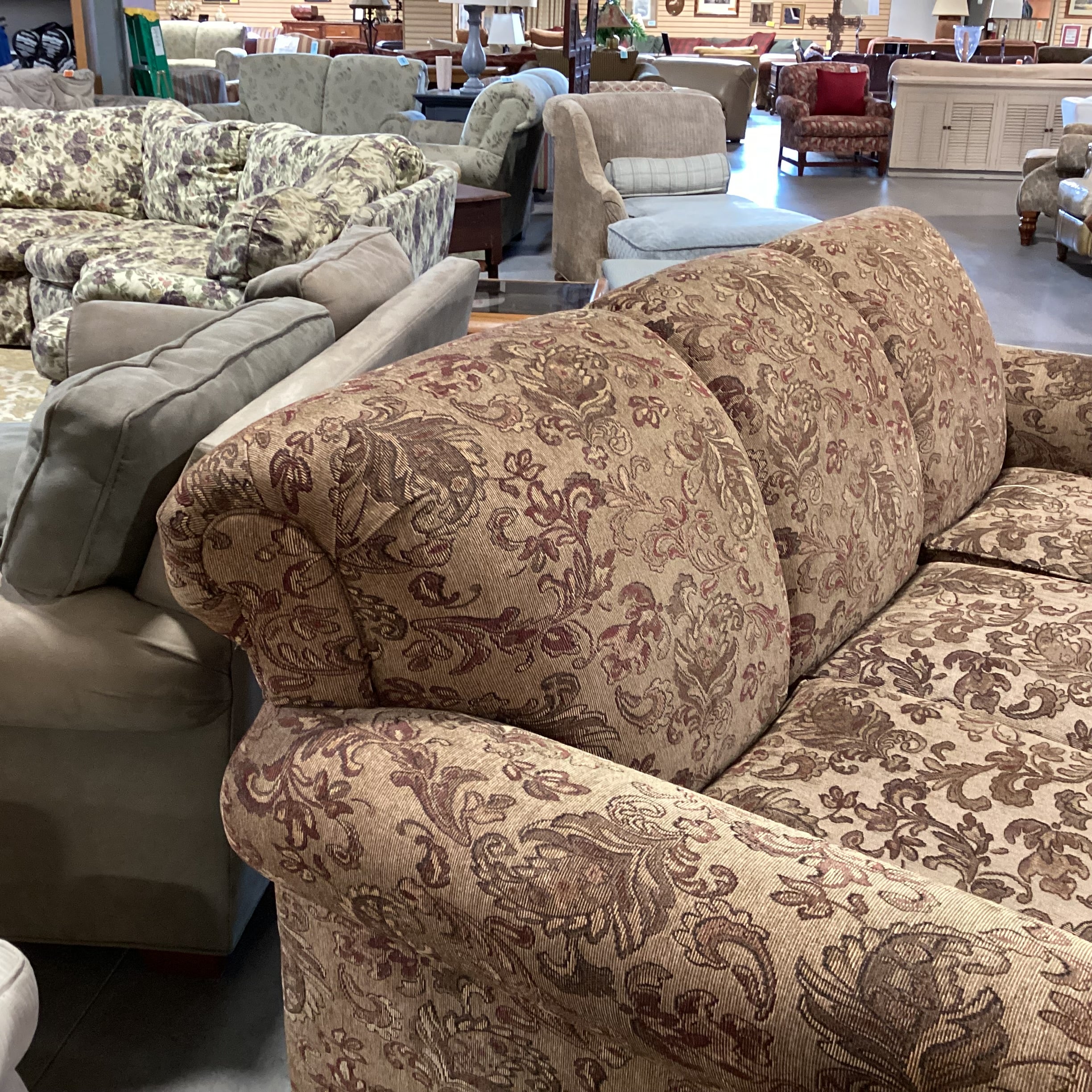 Ashley Tan Brown Rust Woven Floral & Carved Wood Sofa 87"x 40"x 38"
