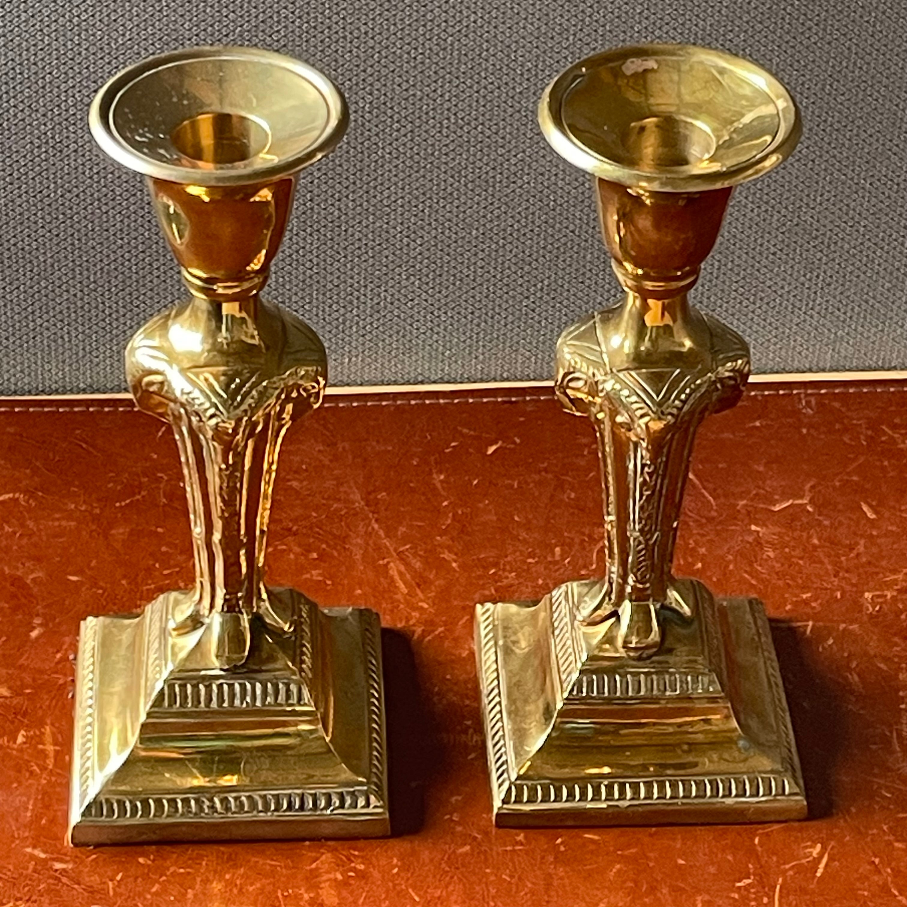 Vintage Hollywood Regency Style Art Deco Revival Brass Ramshead Candleholders, Pair, 3.5"x 8"