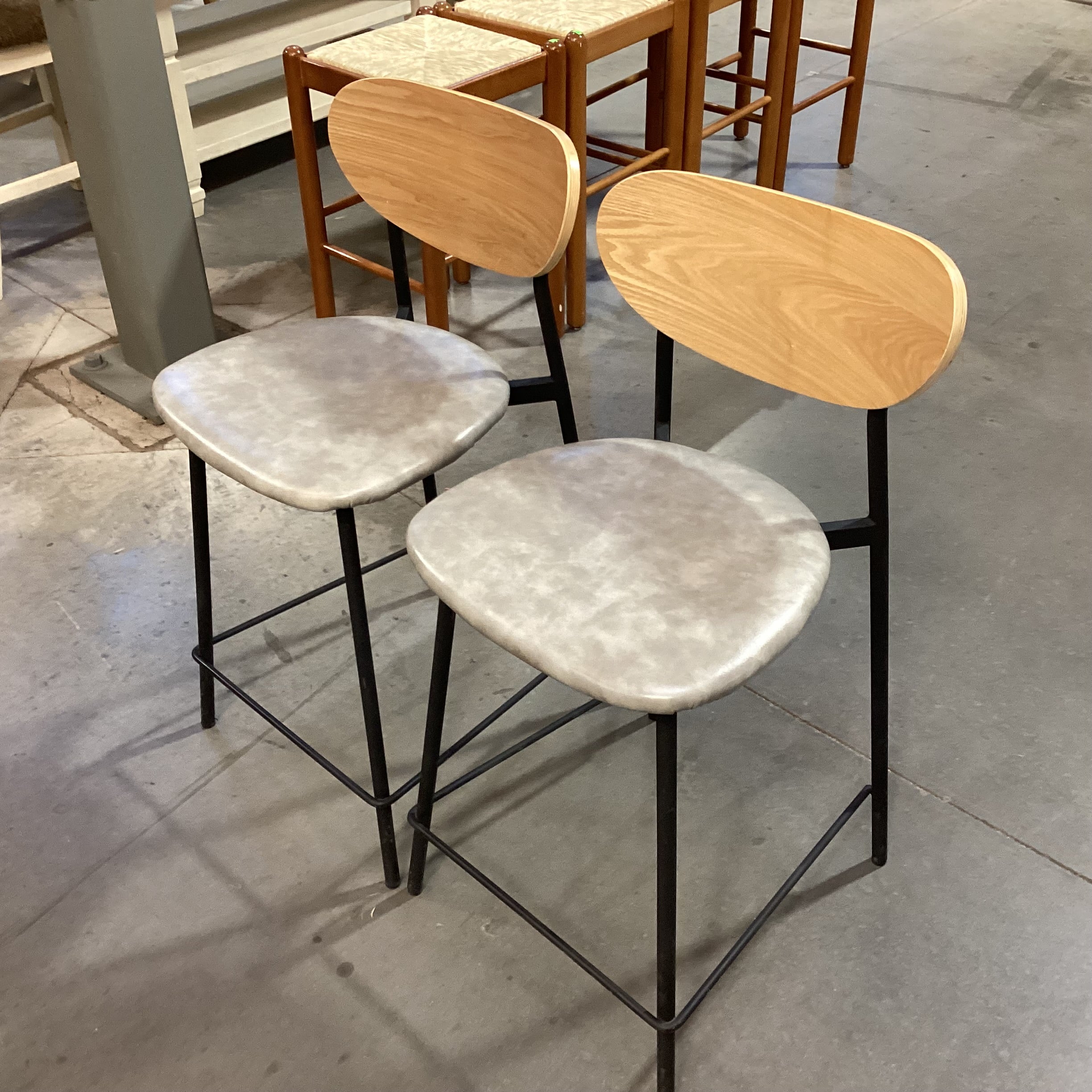 SET of 2 Light Wood Black Metal & Grey Faux Leather Barstools 24"
