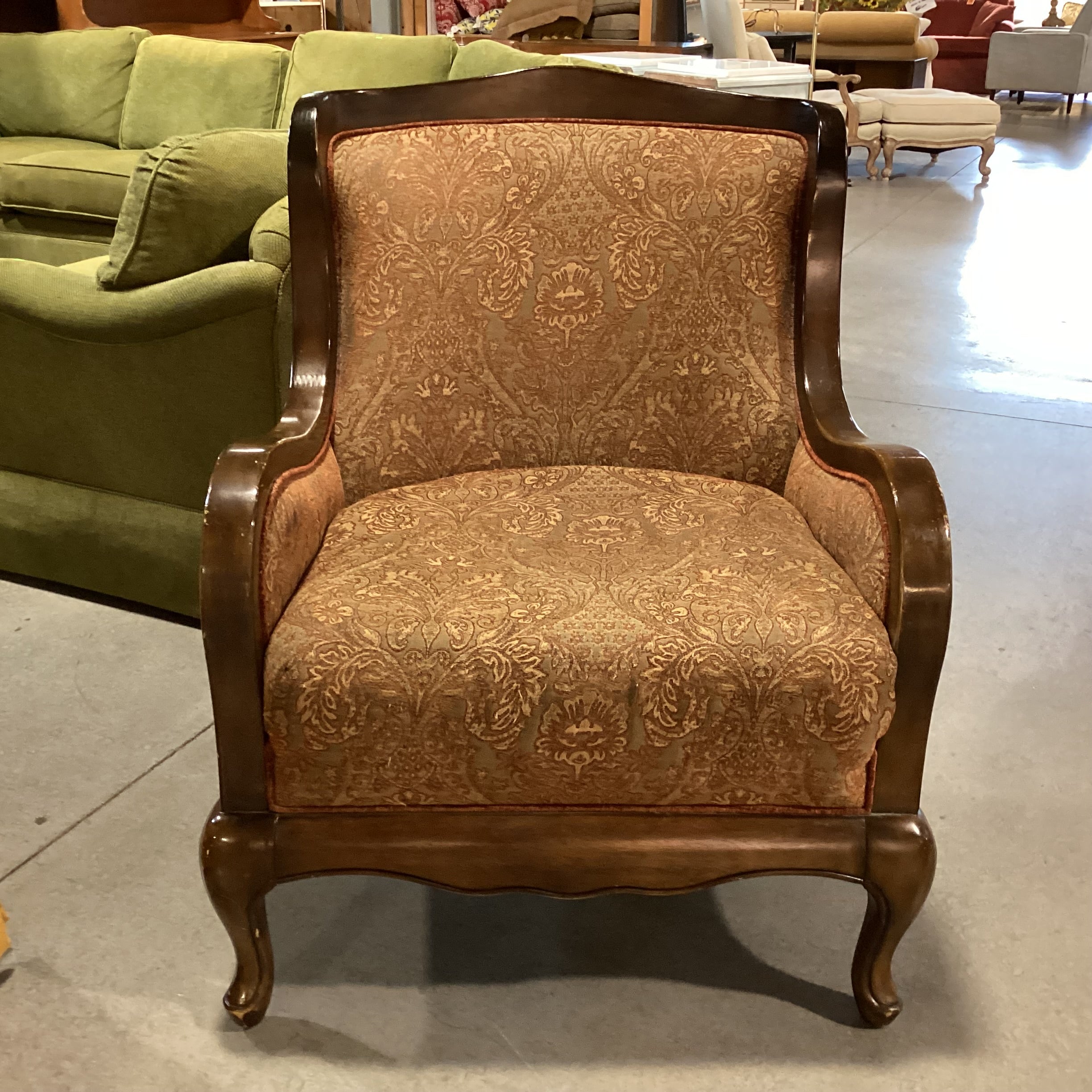 Vintage Carved Wood & Ornate Brown Burnt Orange Gold Upholstery with Raised Velvet Back Chair 29"x 31"x 38.5"