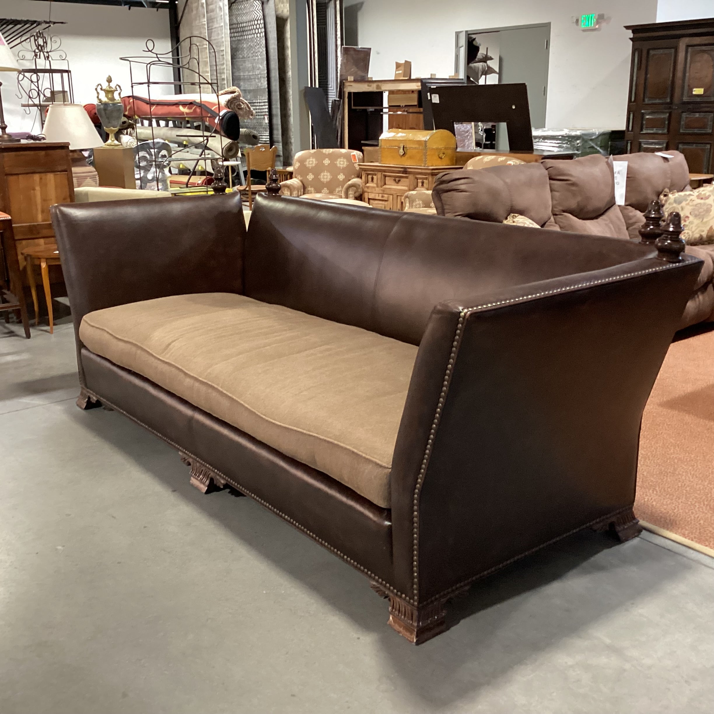 Knole House Style Leather Nailhead High Back & Wool Down with Ornate Finial Sofa 110"x 45"x 43"