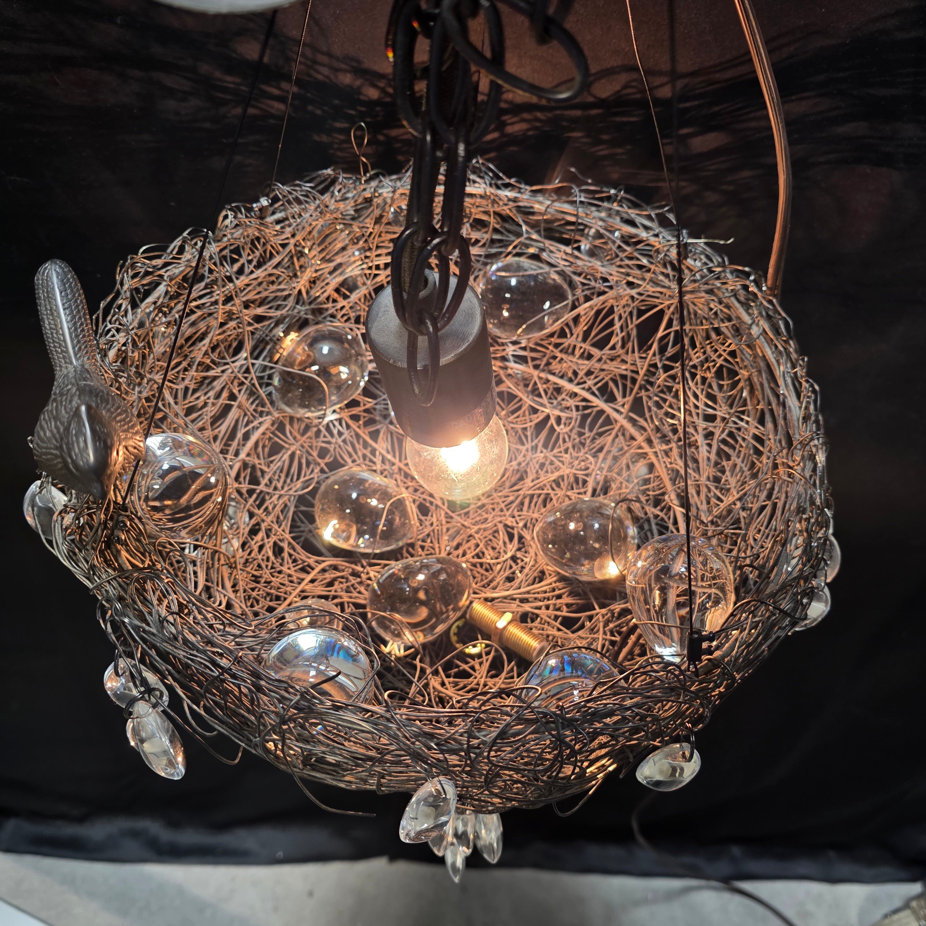 Cardinal Bird's Nest Chandelier with Glass Eggs and Glass Droplets 13"Dx8"