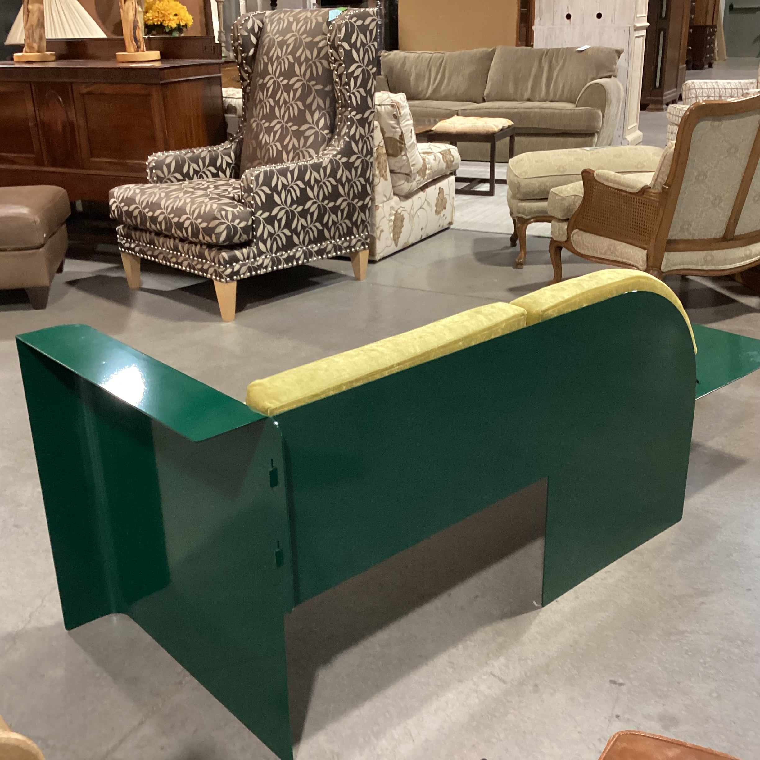 Maxim Scherbakov for Supaform Disused Collection Powder Coated Steel & Yellow Velvet Cushions Bench Sofa 72"x 26"x 28"