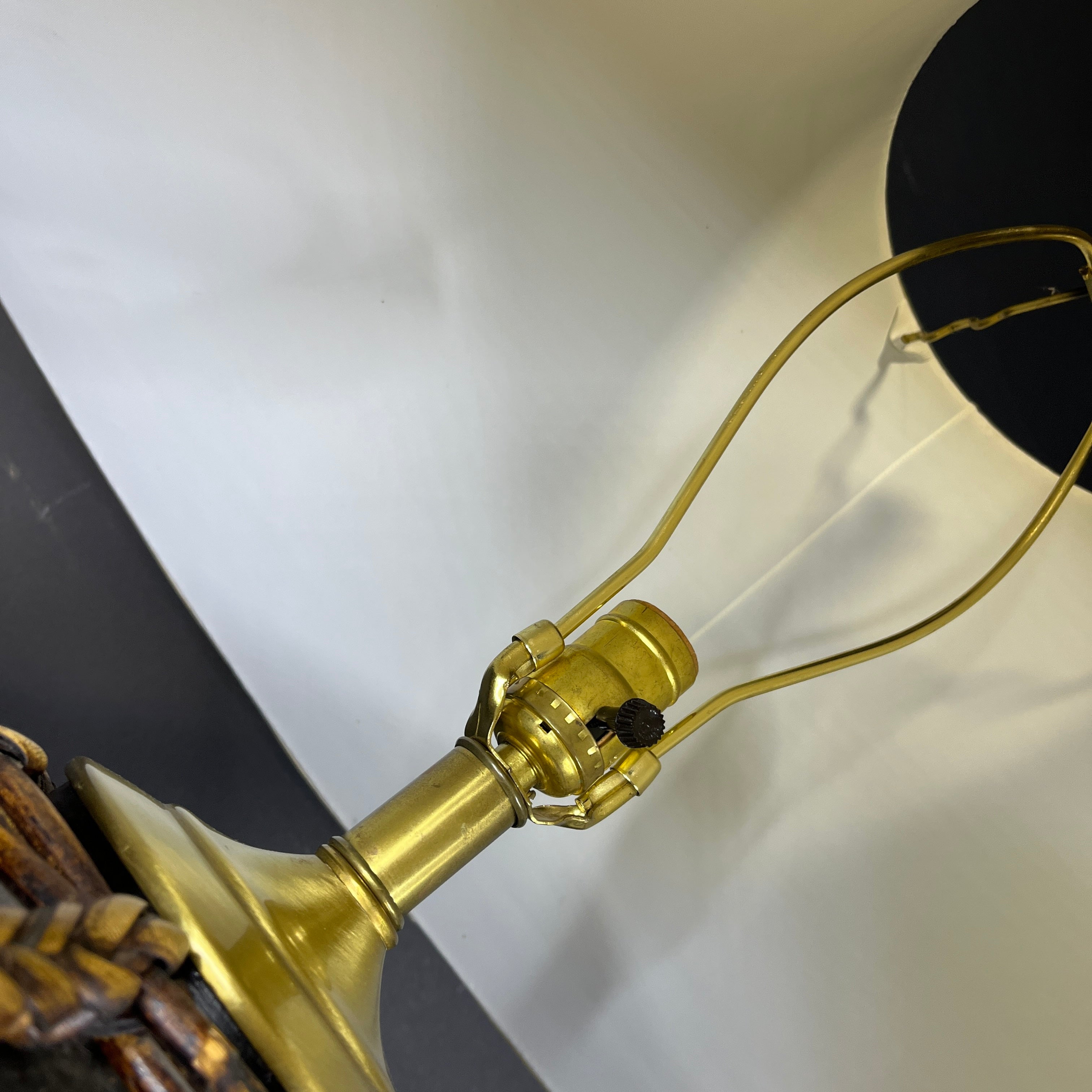 Oversized Black Painted Terracotta and Woven Rattan with Shade Table Lamp 22.5” Diameter @ Shade x 27”