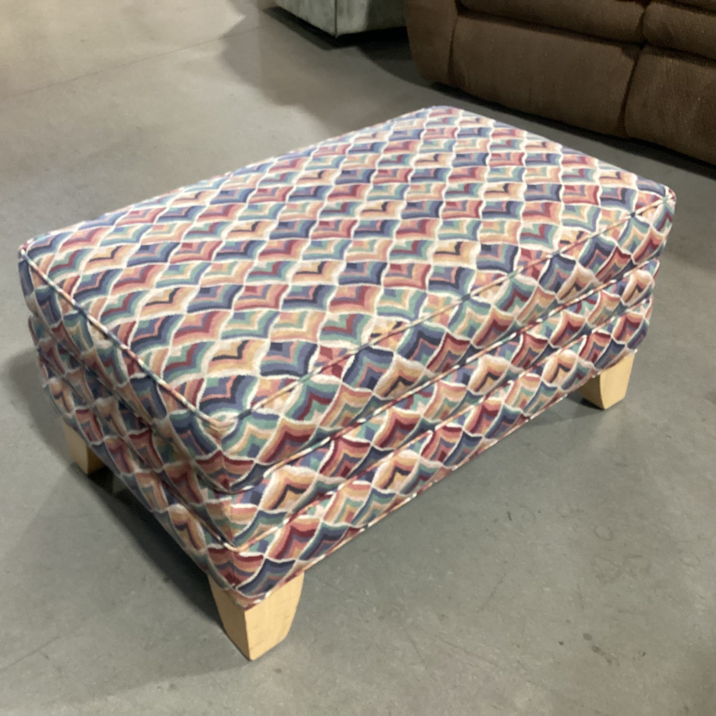 Ethan Allen Blue Red Pink Green Fan Design Ottoman 34"x 22"x 17"