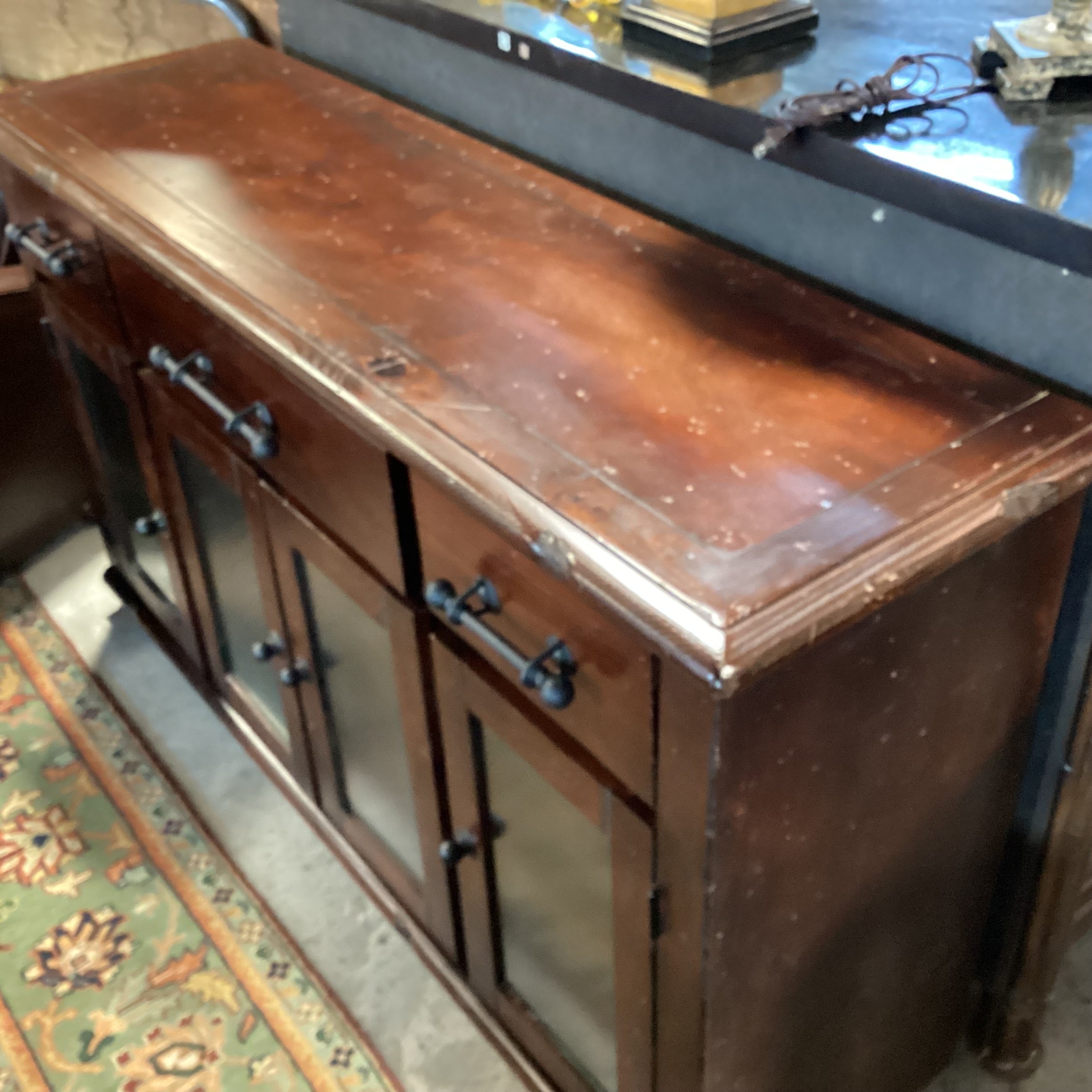 Dark Distressed Wood 4 Door 3 Drawer Rustic Console Credenza 61"x 17.5"x 35"
