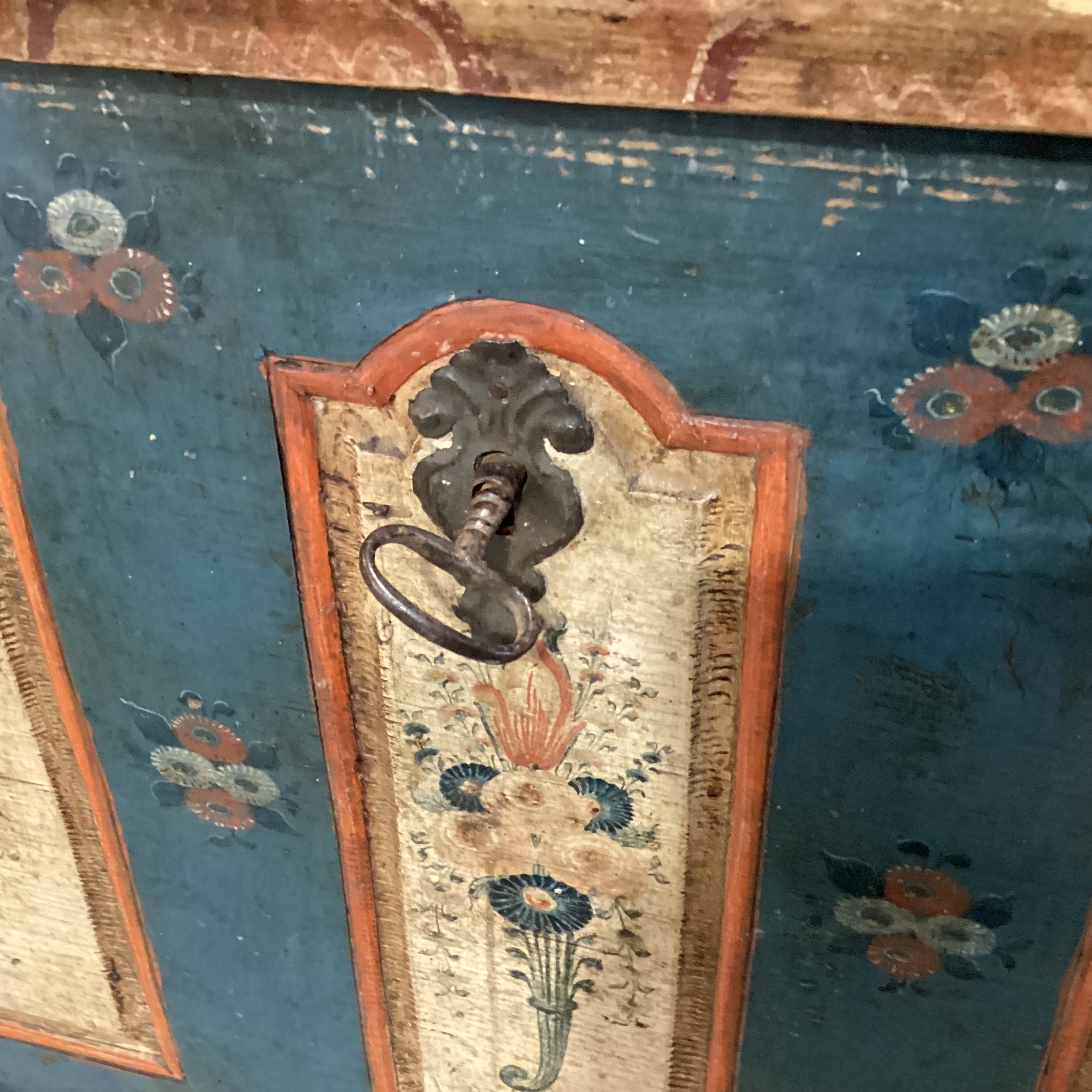 Antique Carved Wood with Hand Painted Floral Panels Trunk 42"x 25"x 23.5"