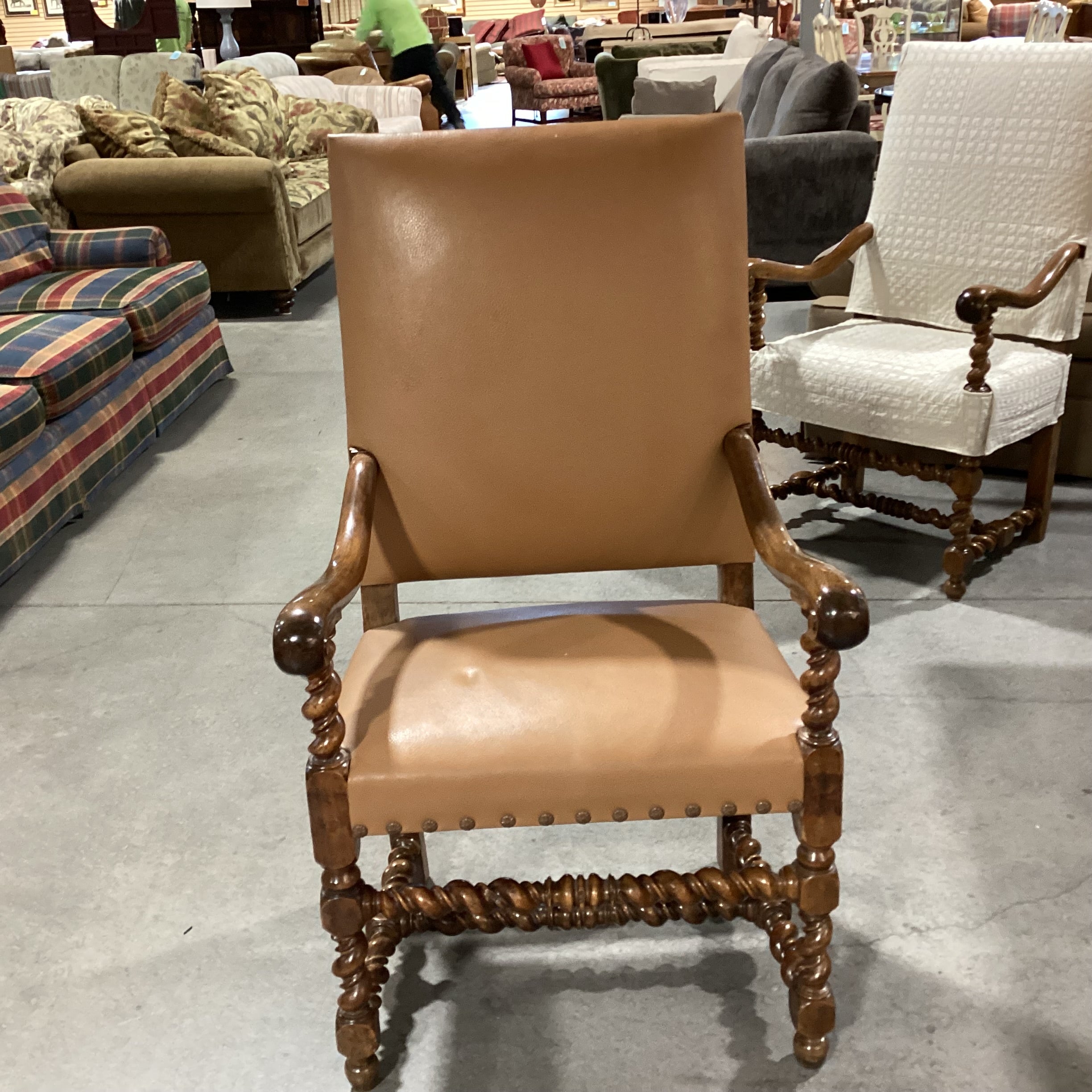 Ornate Carved Wood with Ivory Quilted Slipcover Leather Underneath Chair 26"x 26"x 46"