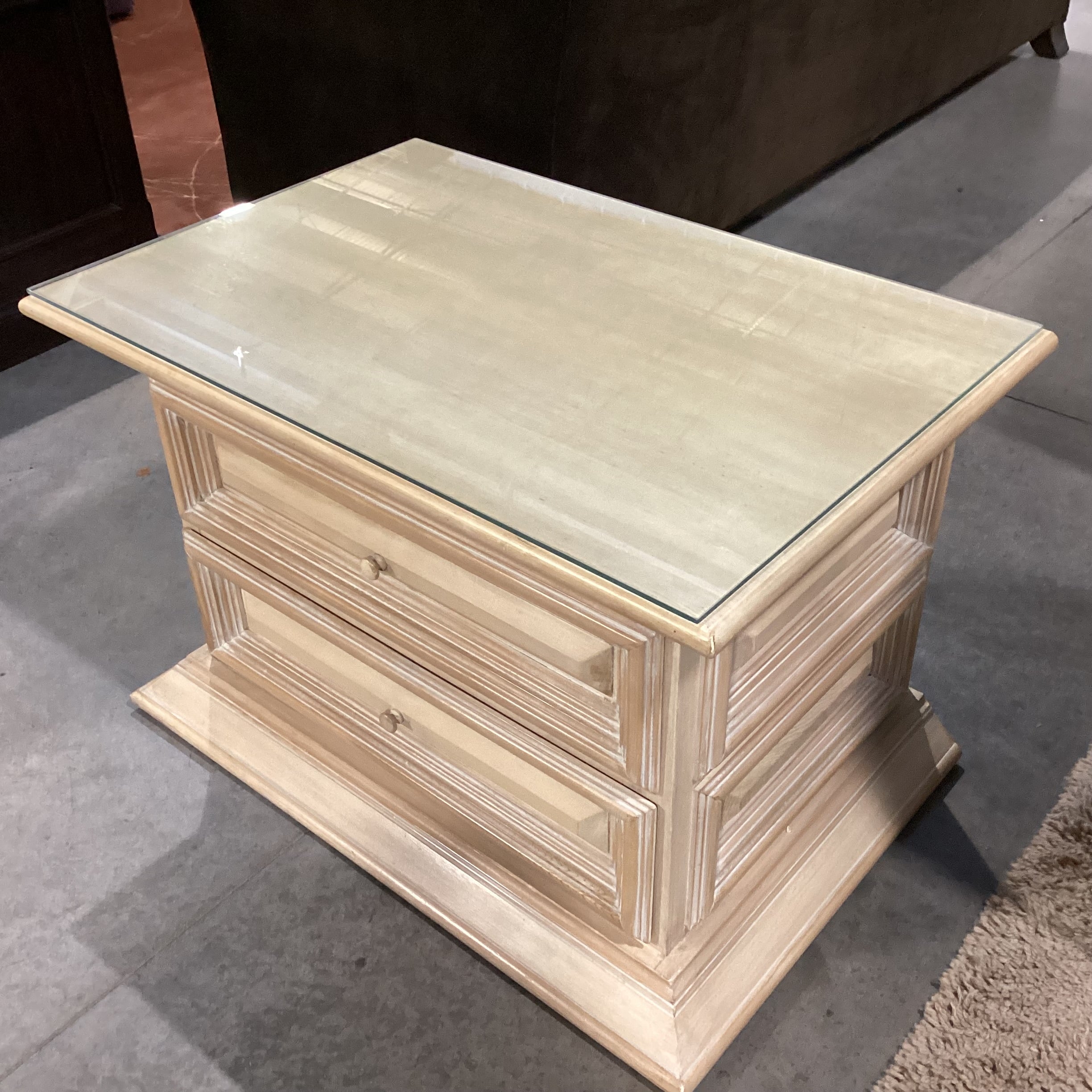 Kreiss Collection Natural Solid Carved Wood 2 Drawer Glass Top End Table 36"x 24"x 23"