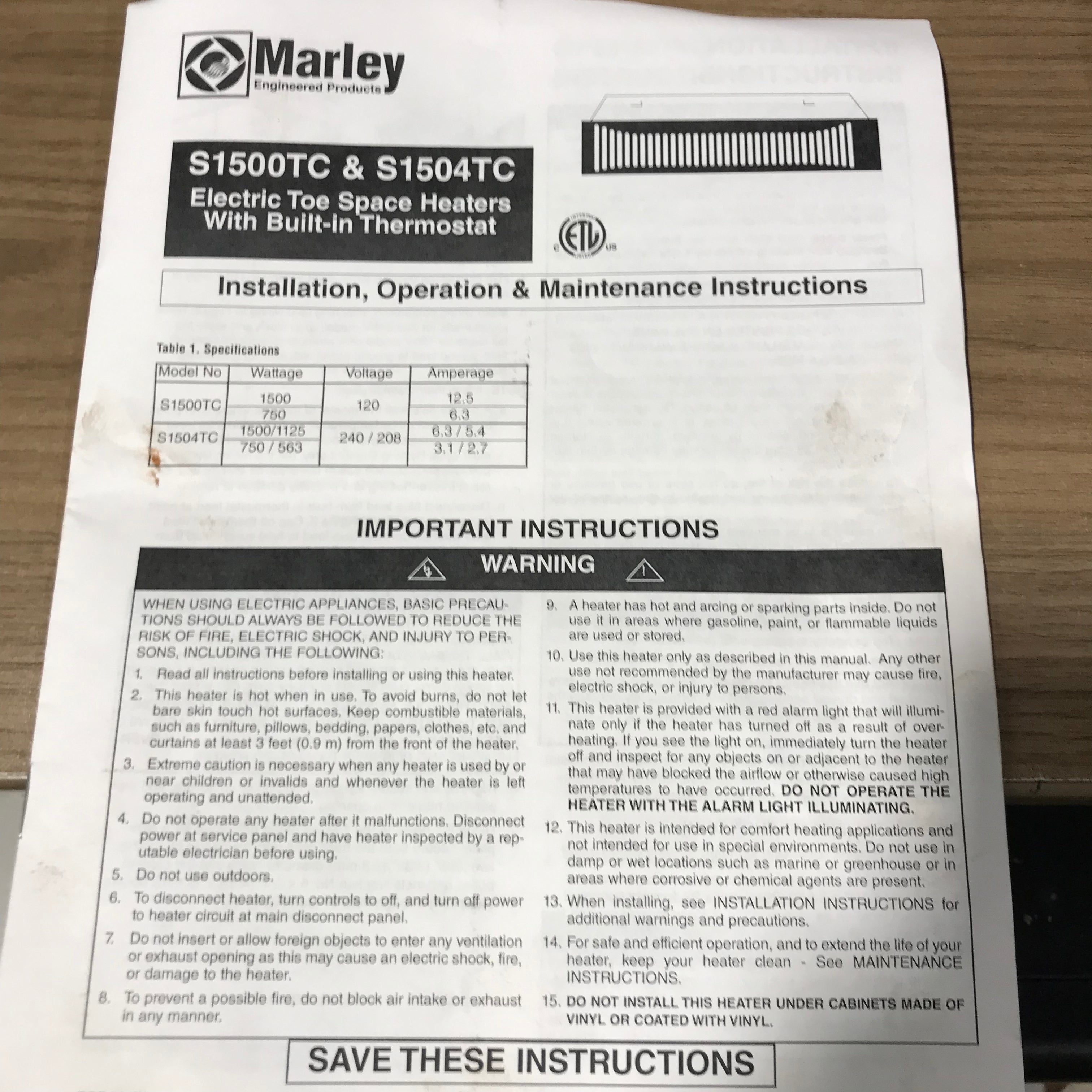 Marley Electric Toe Space Heater with Built-in Thermostat
