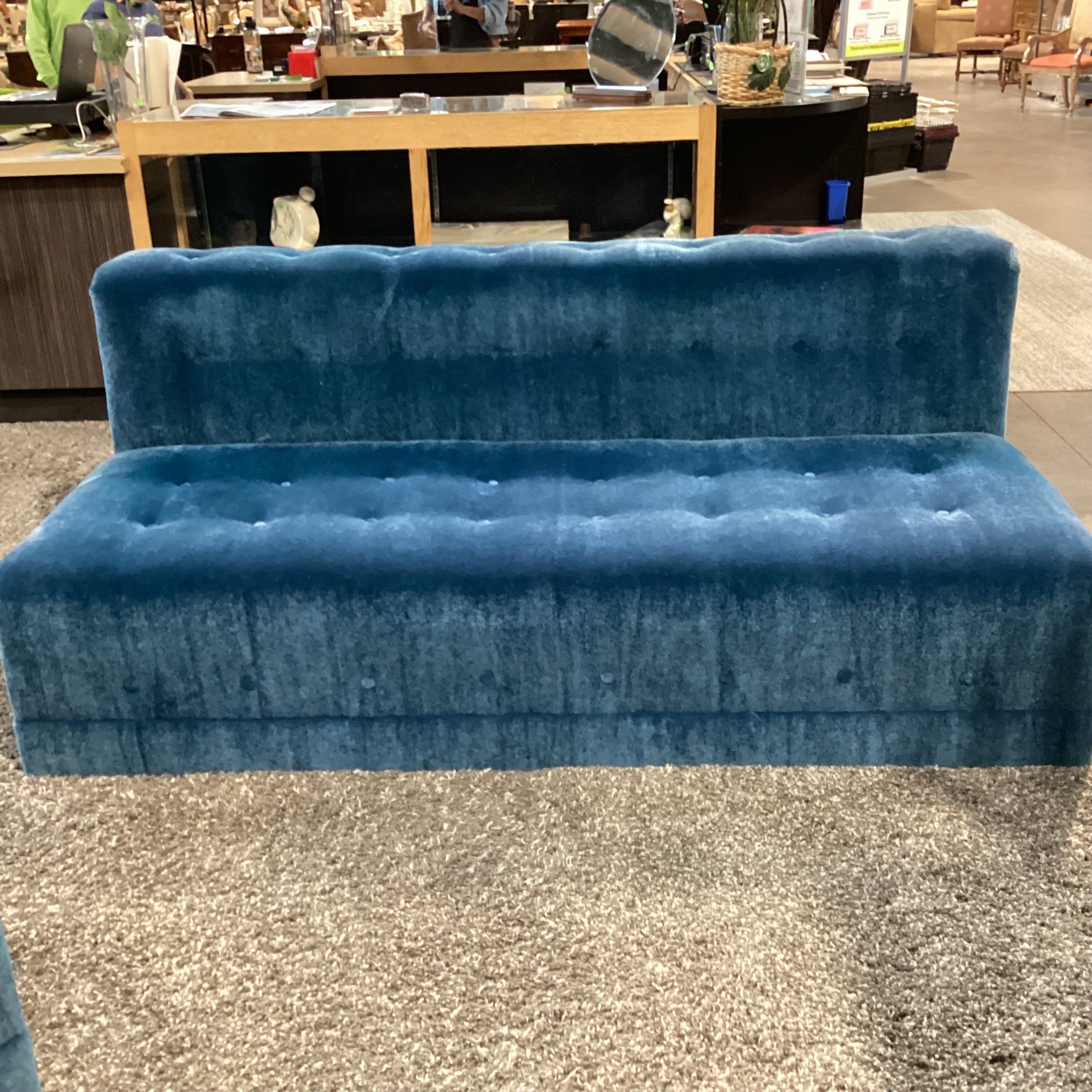 Custom Blue Teal Mohair with Button Tufting Armless Sofa 75"x 35"x 32"