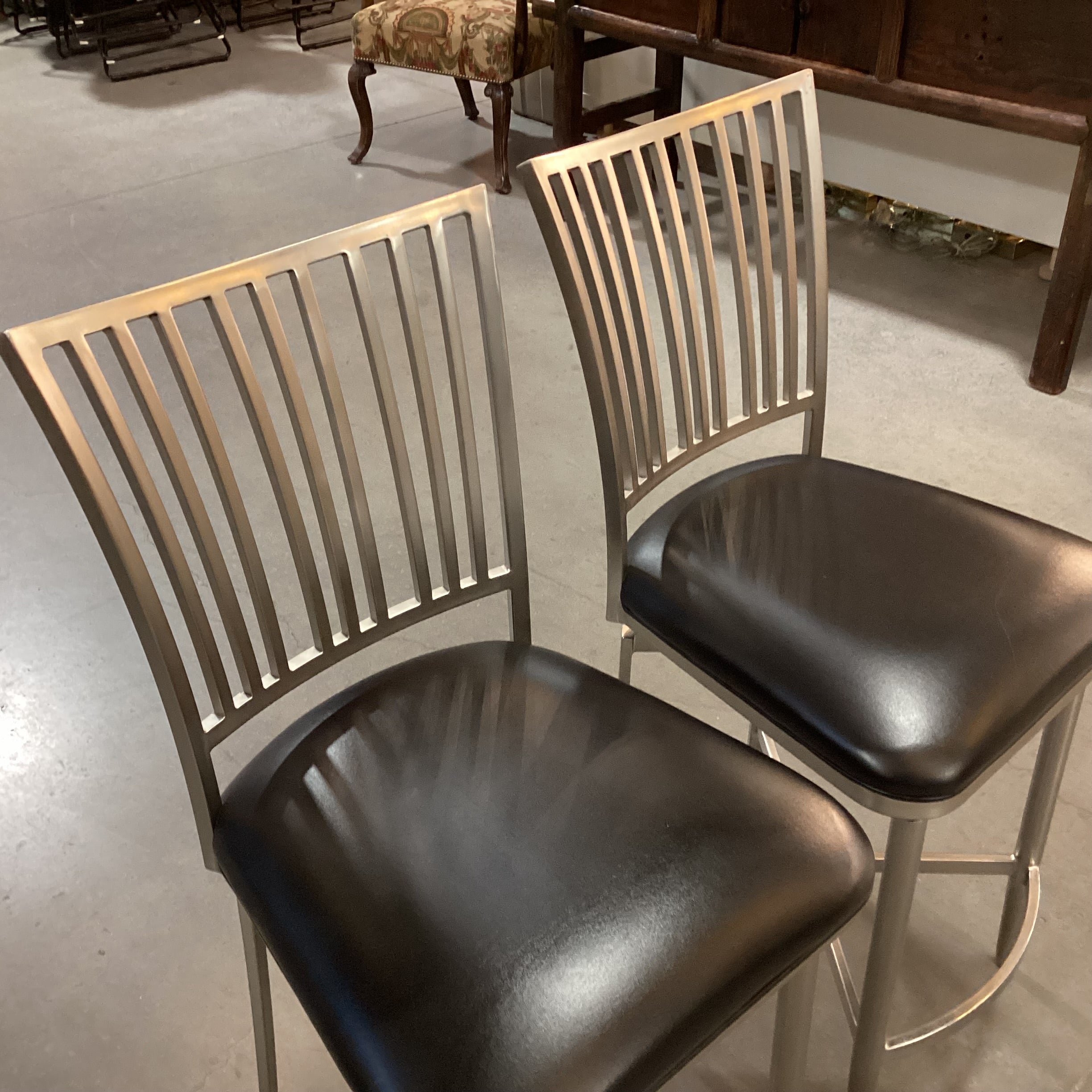 SET of 2 Ashtyn Brushed Nickel Finish Metal & Black Faux Leather Return Swivel Barstools 26"