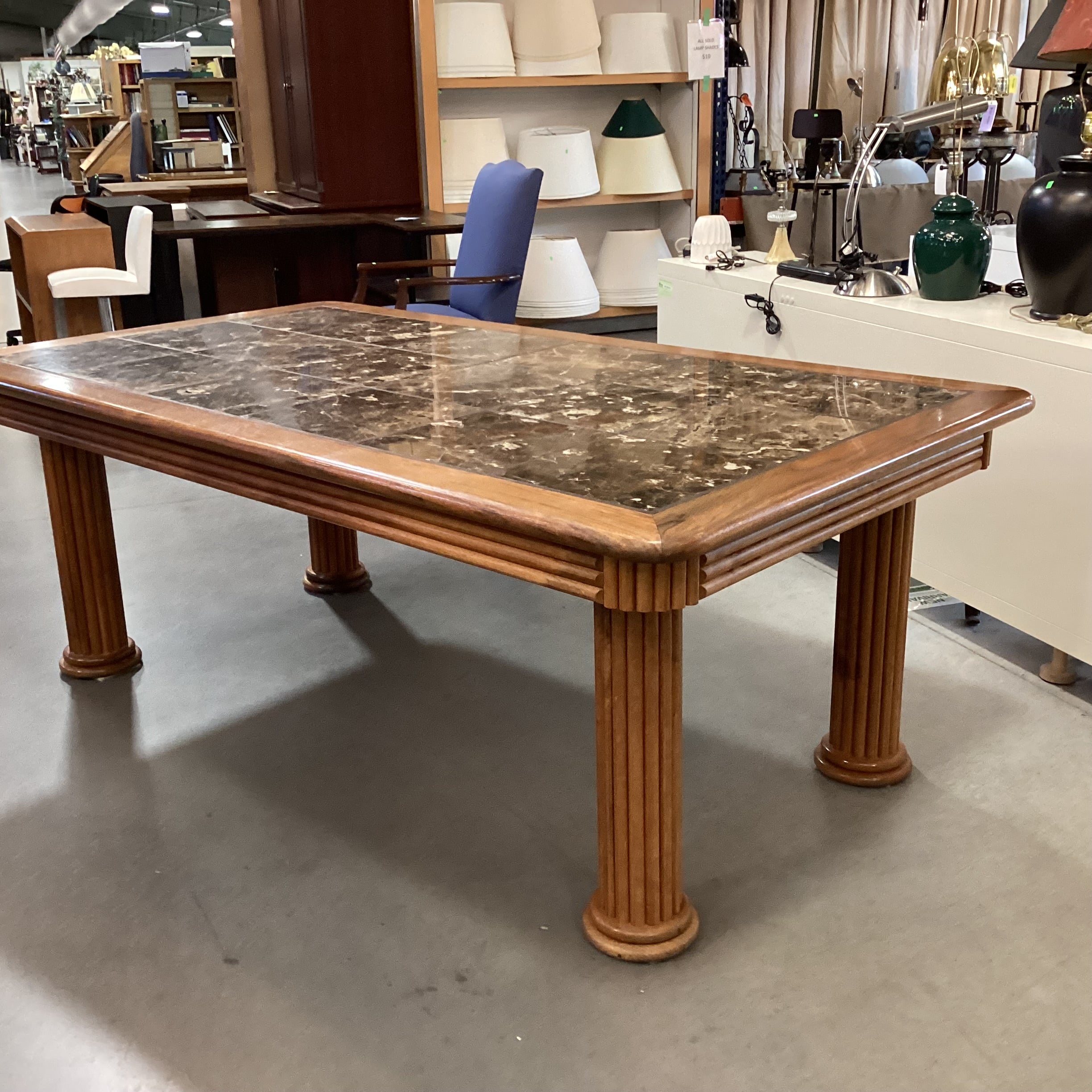 Oak with Ribbed Detail Column Legs & Stone Tile Inset Dining Table 82"x 45"x 30"