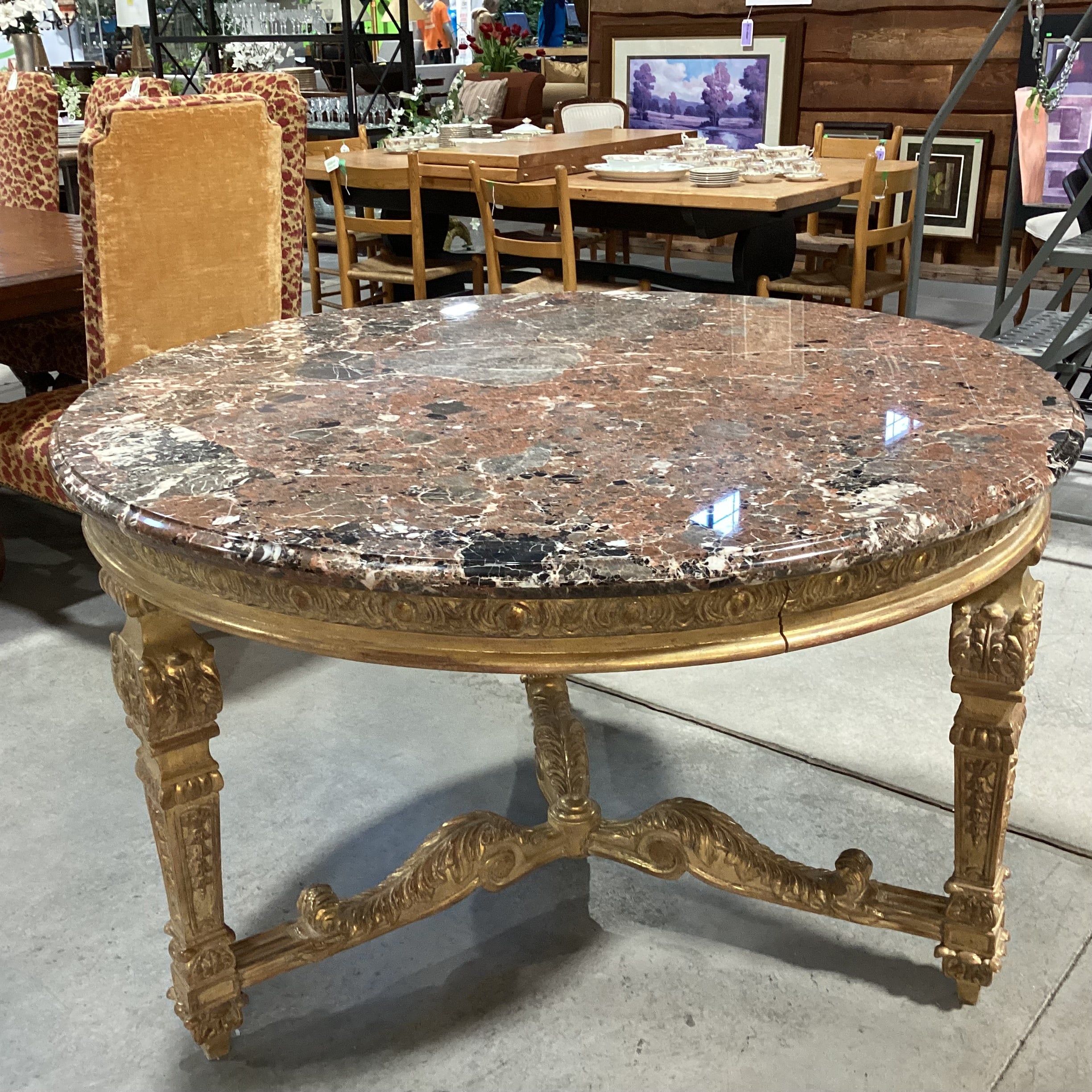 Antique Ornate Carved Gilded Wood & Breccia Marble Round Accent Table 52" Diameter x 33"