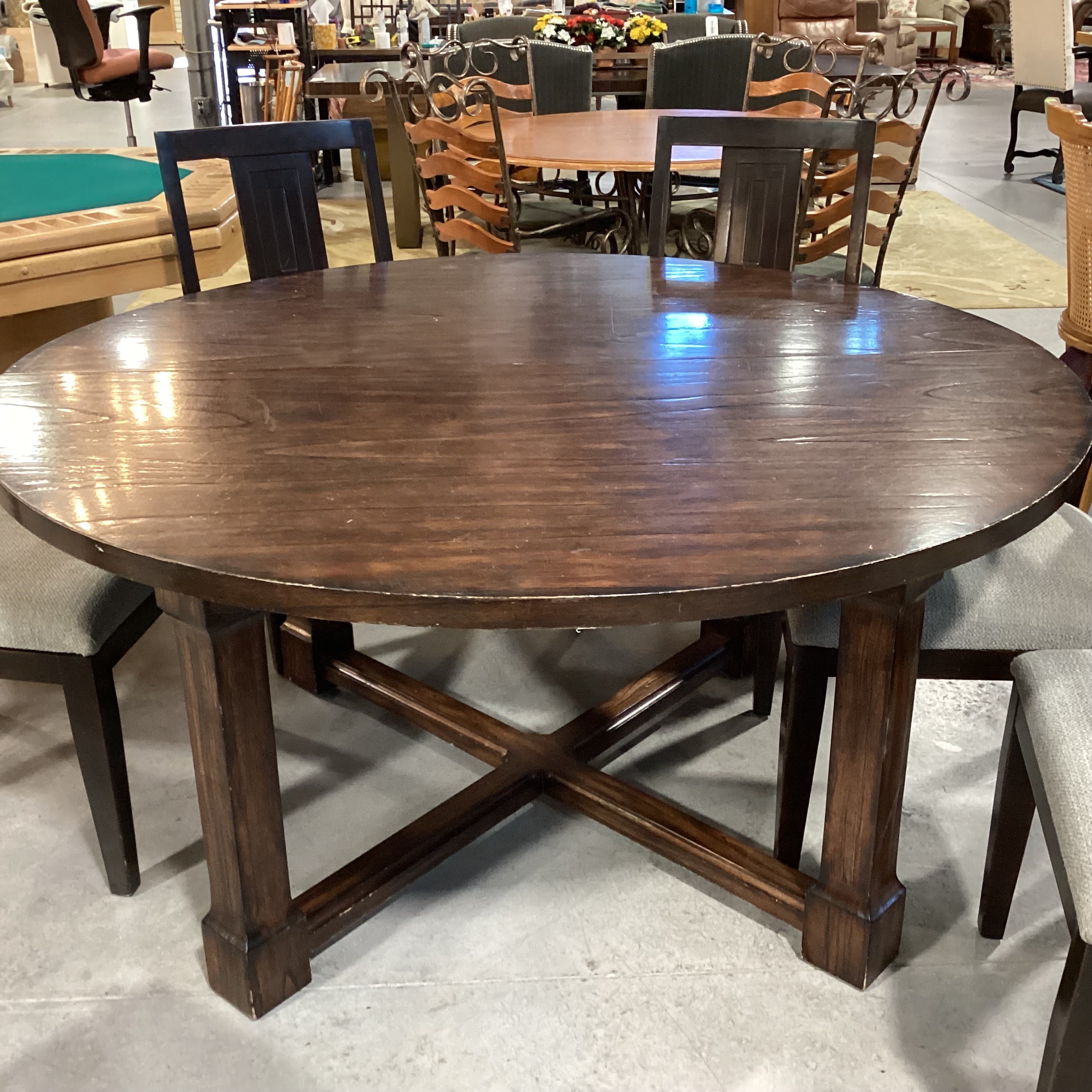 Round Dark Finish Wood Cross Trestle Base Table with 6 Asian Style Chairs Dining Set 60" Diameter x 30.5"